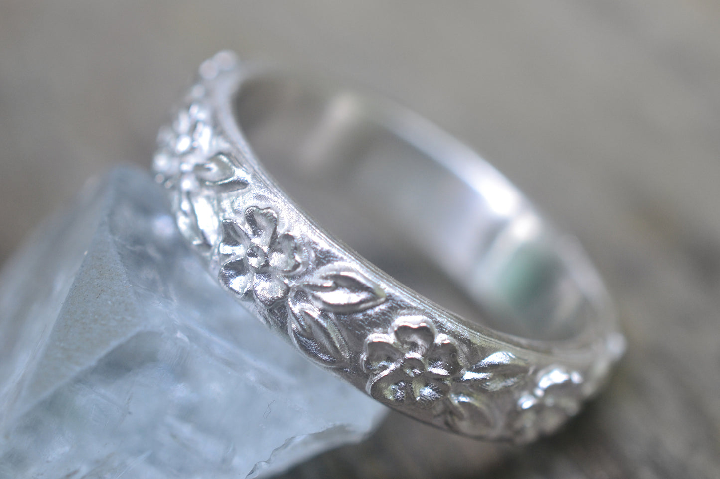 Wild Rose & Leaf Wedding Band in Sterling