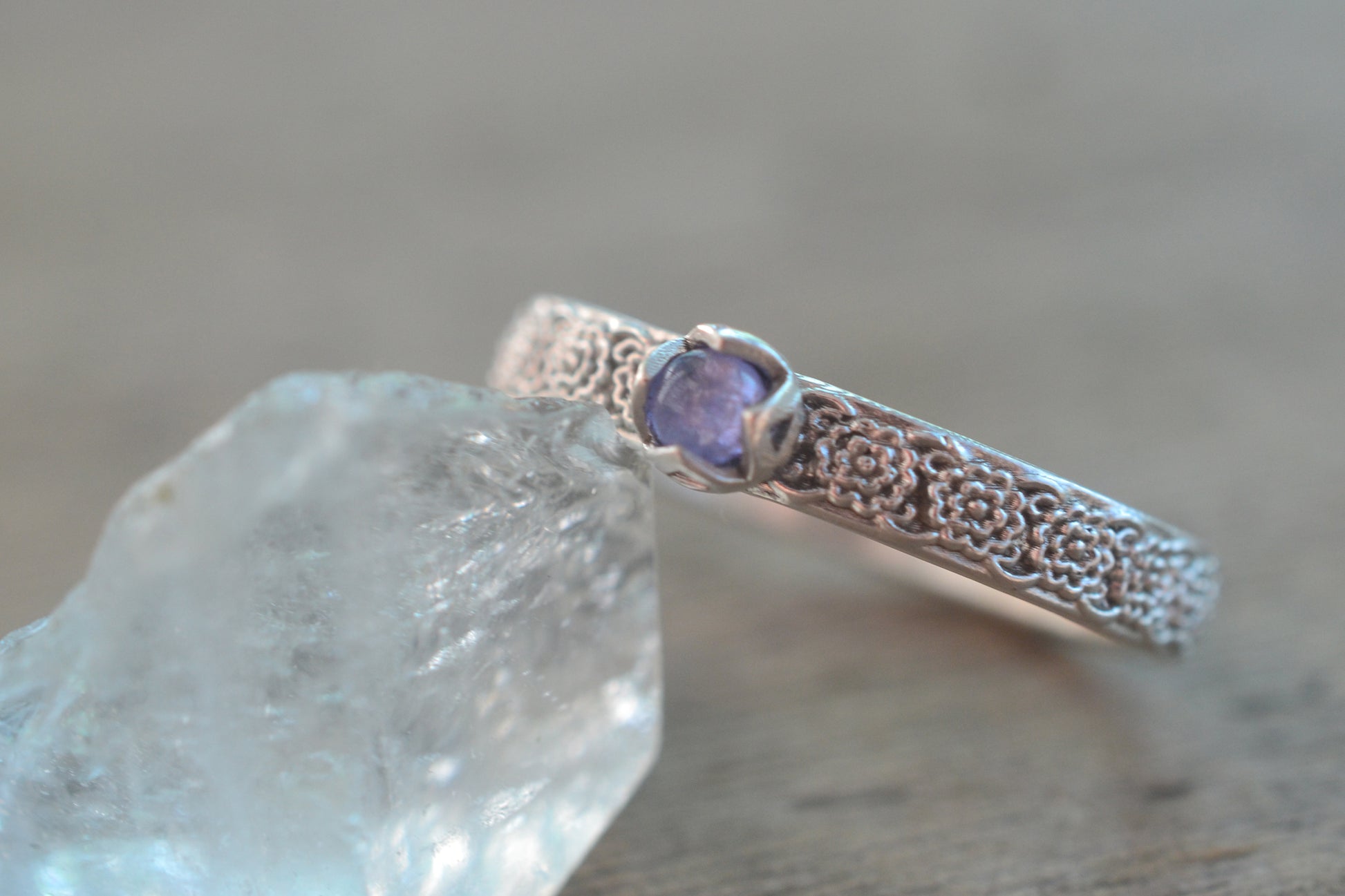 Dainty Floral Silver Tanzanite Stacking Ring