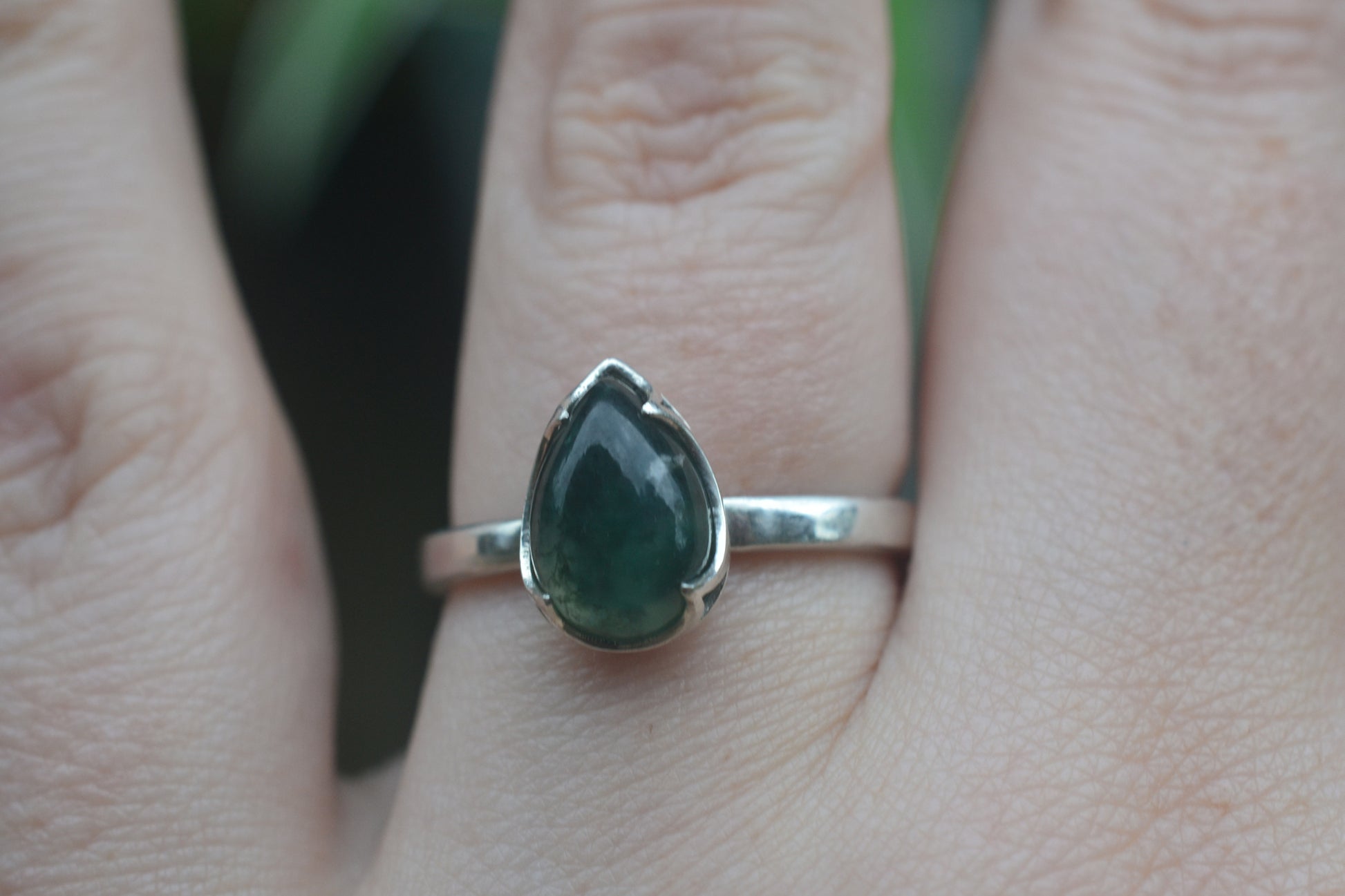 Teardrop Cut Moss Agate Gemstone Ring in Silver