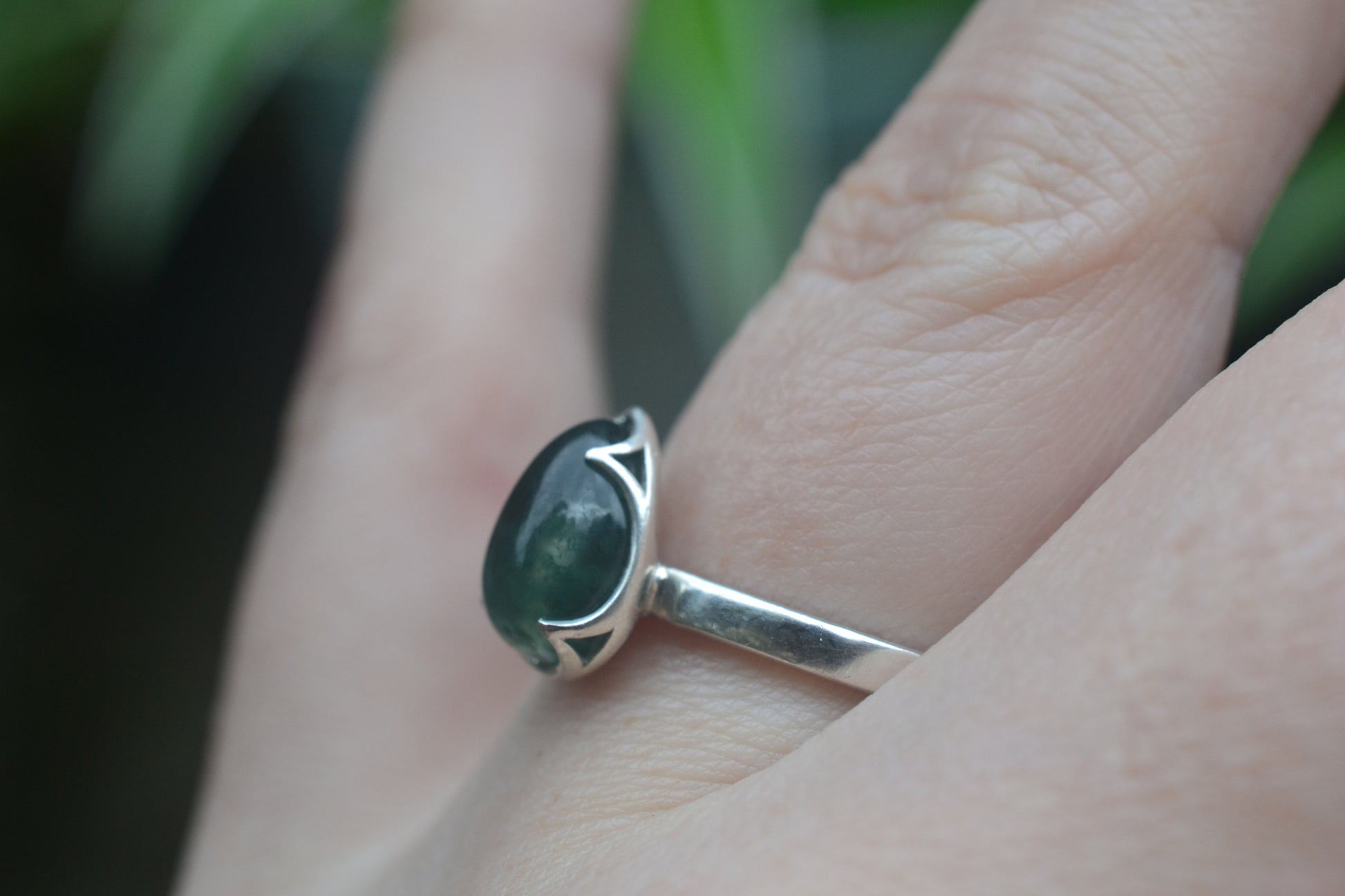 Pear Shape Moss Agate Crystal Ring in Silver