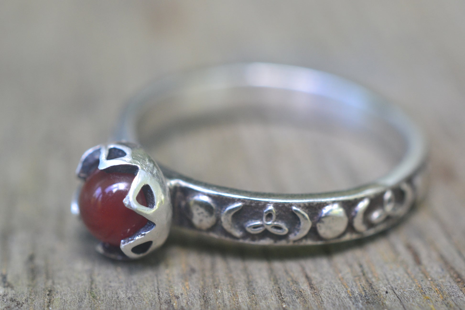 Oxidised Silver Moon Goddess Ring With Carnelian