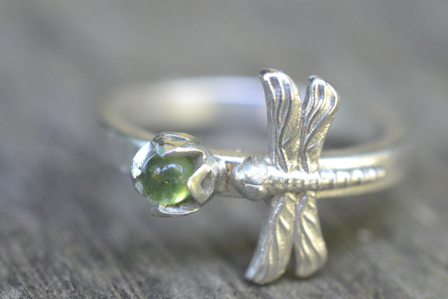 Silver Dragonfly Ring with Green Crystal