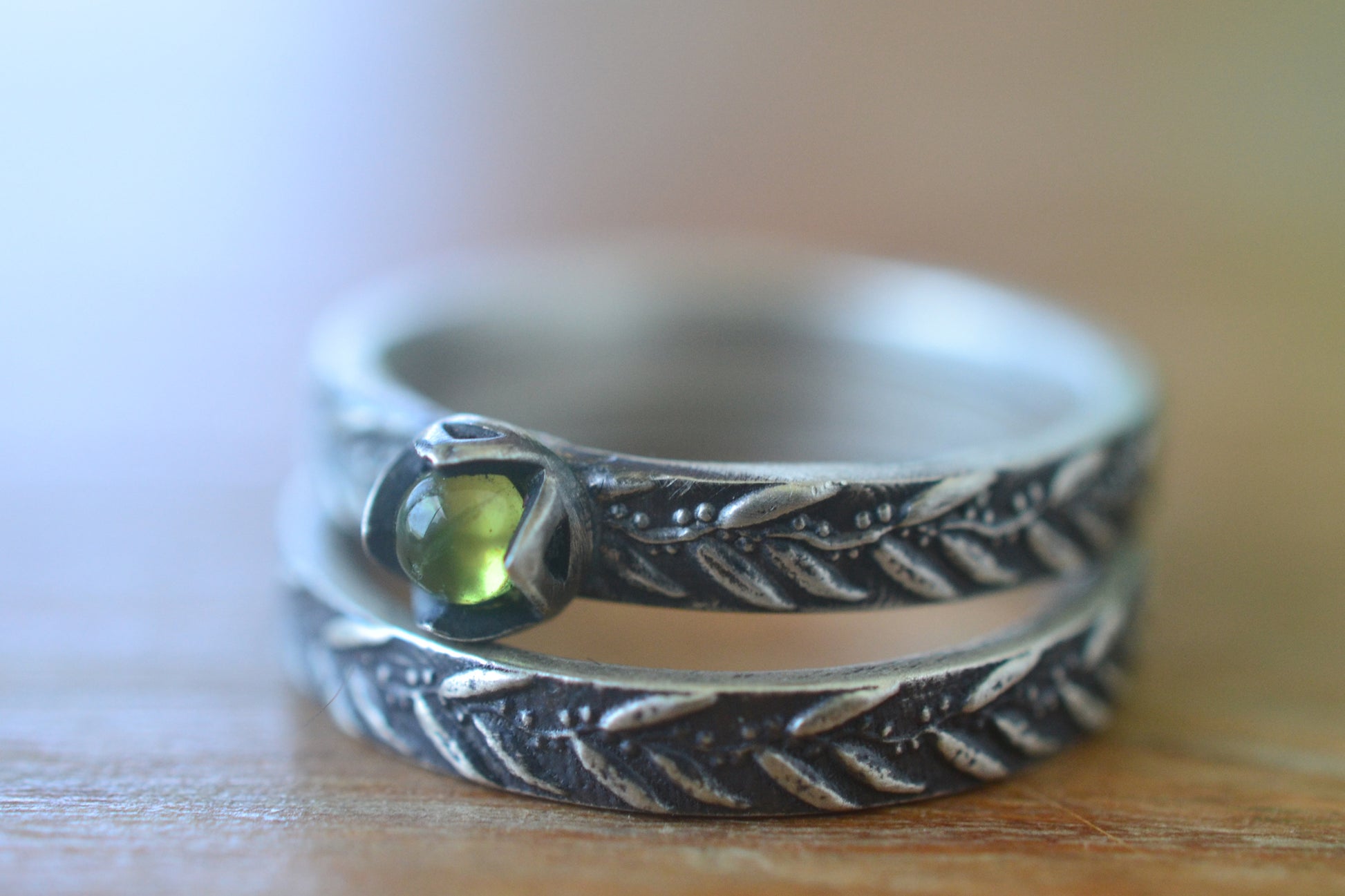 Unique Vesuvianite Wedding Band Set in Silver