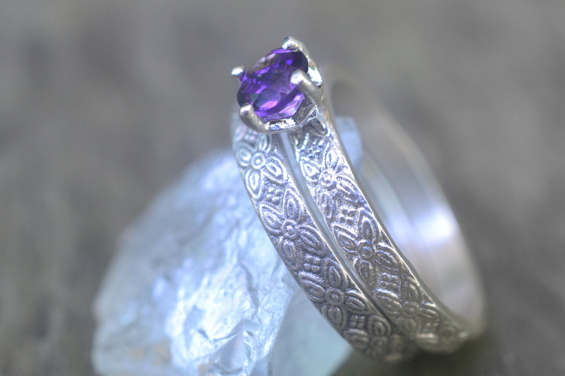 Amethyst Poesy Wedding Set in Sterling