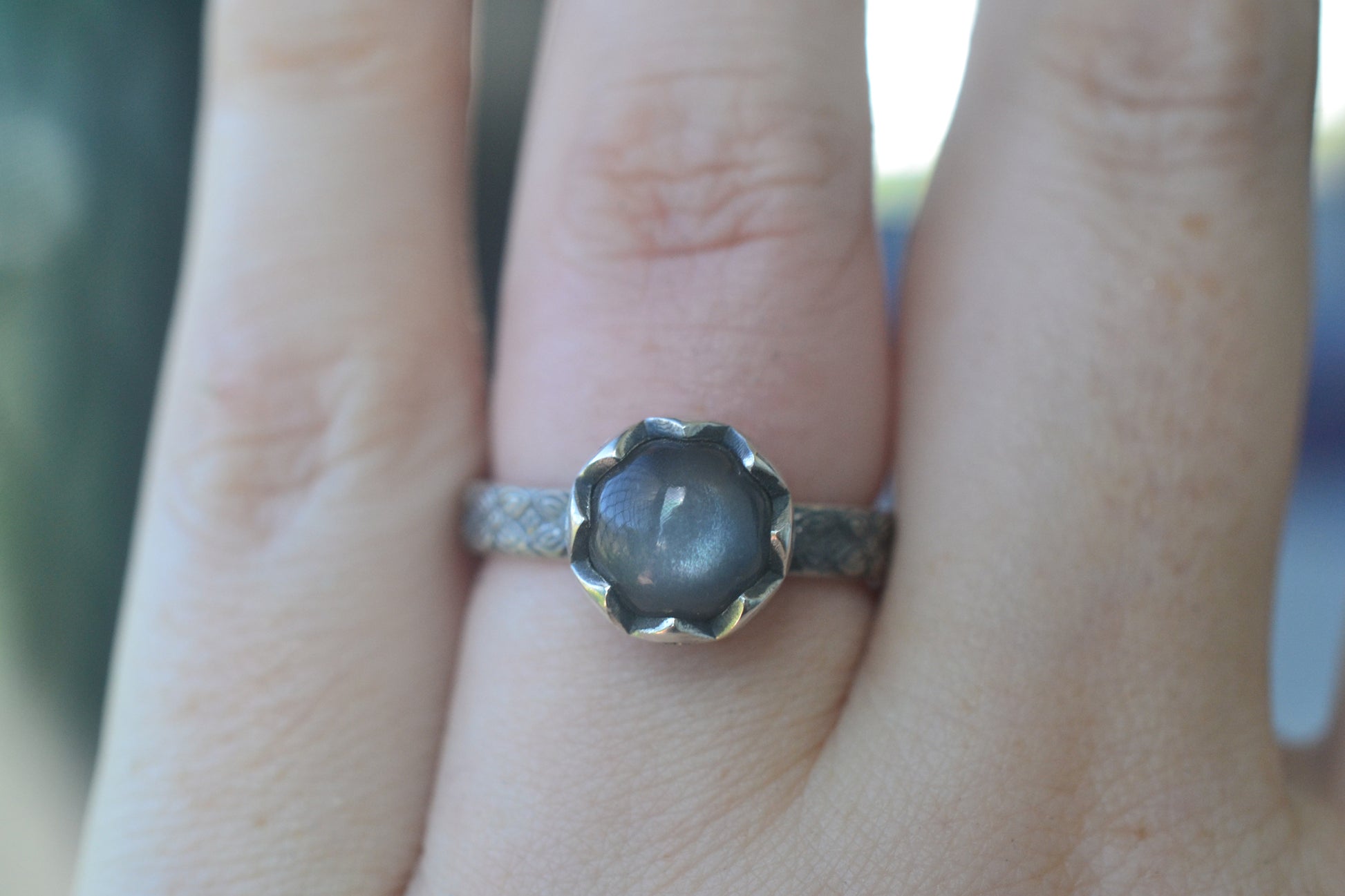 Natural Grey Moonstone Ring in Oxidised Floral Silver