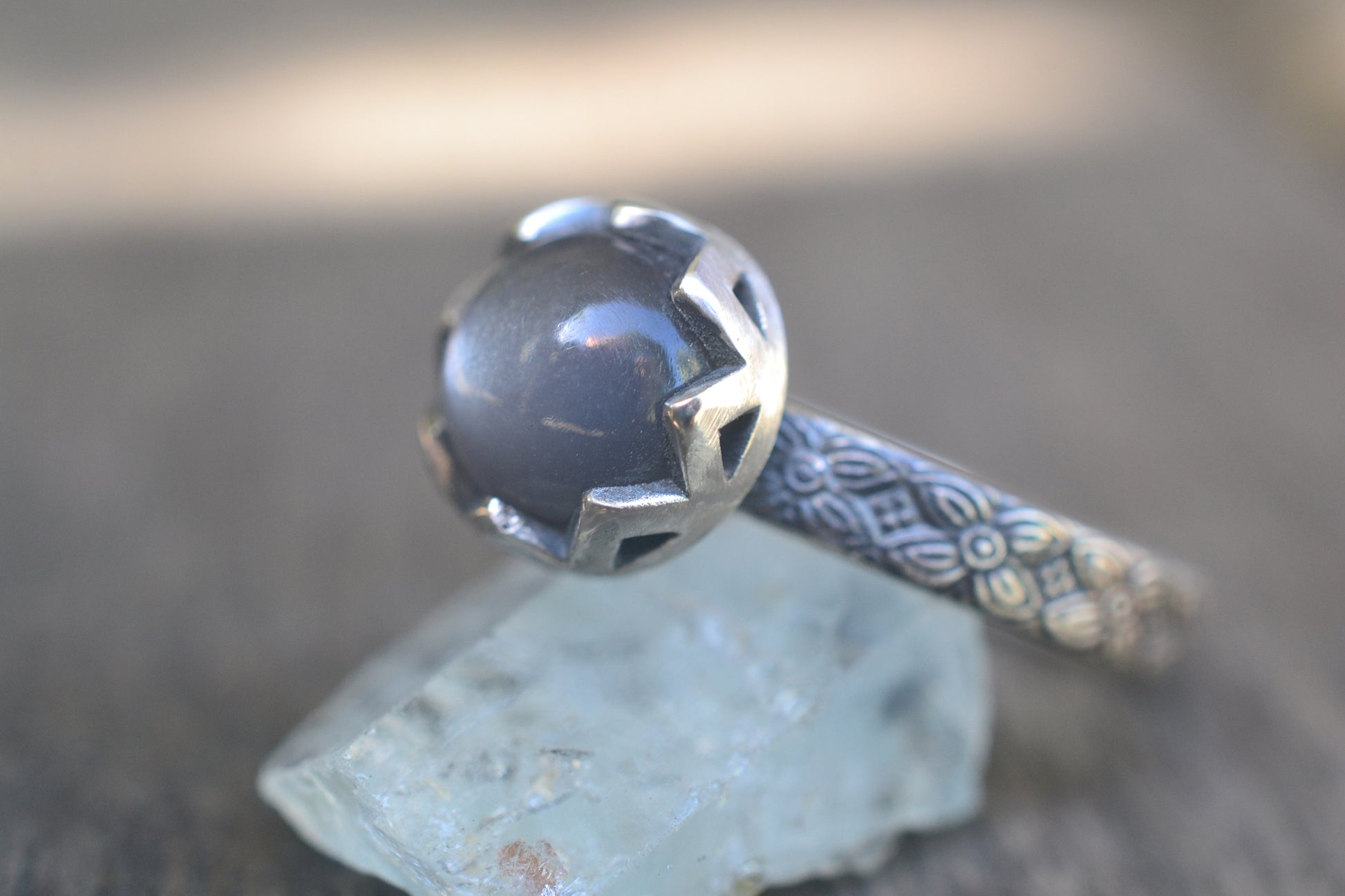 Grey Crystal Poesy Ring With Floral Pattern