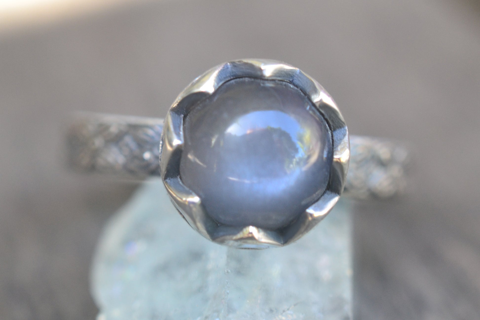 8mm Round Grey Moonstone Oxidised Silver Ring