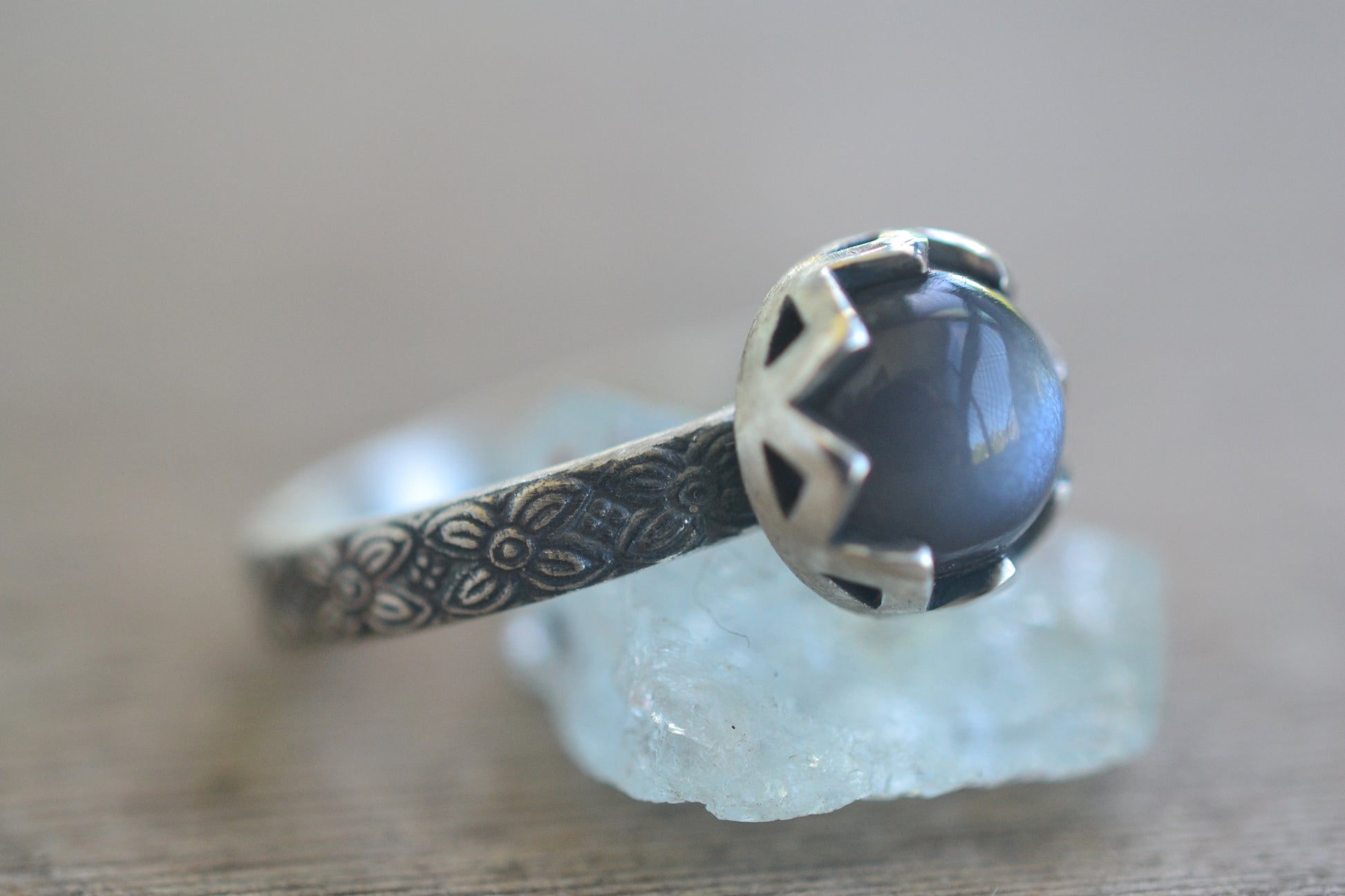 Gothic Silver Poesy Style Grey Moonstone Ring