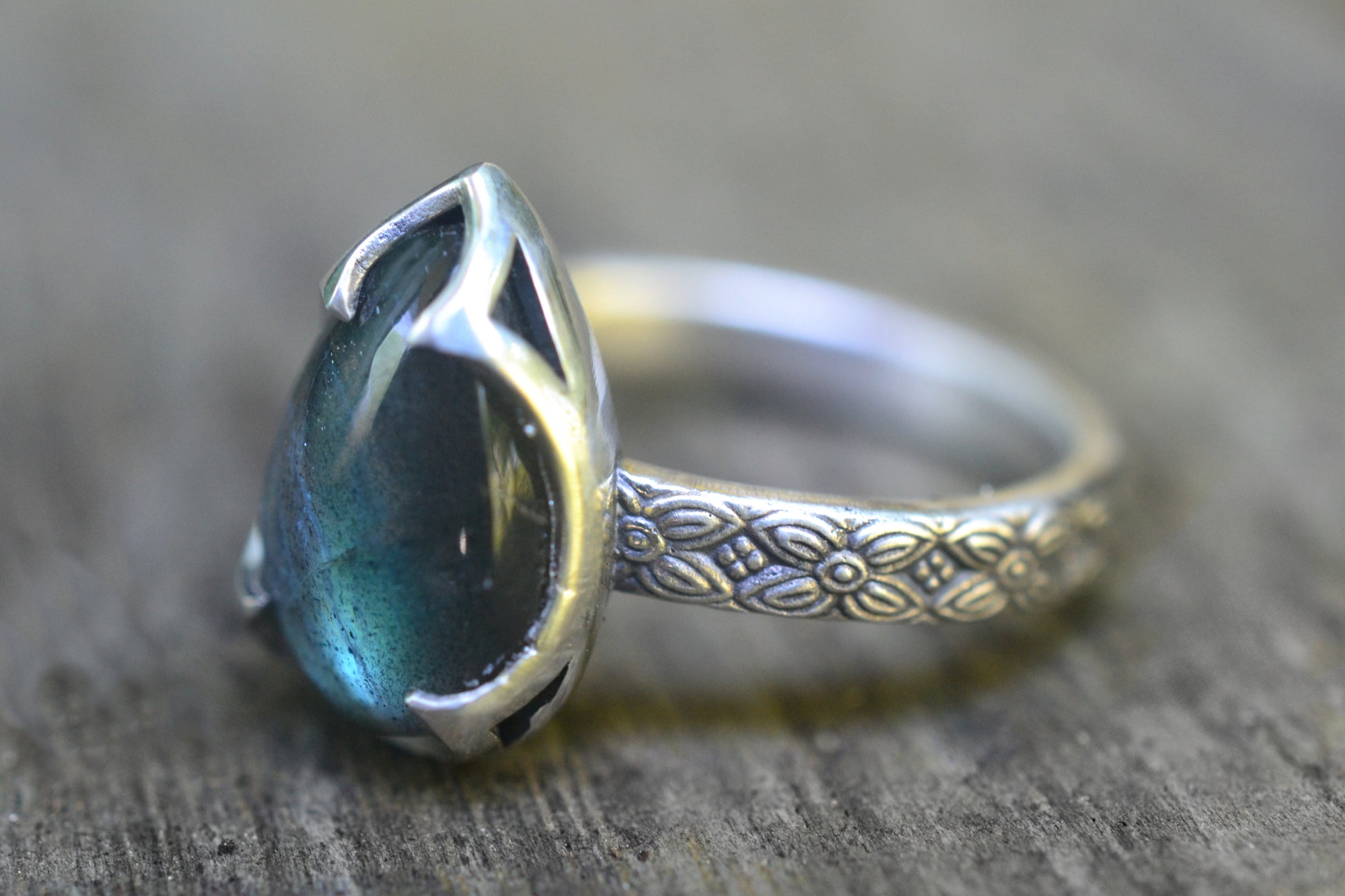 Pear Labradorite Ring in Oxidised Silver
