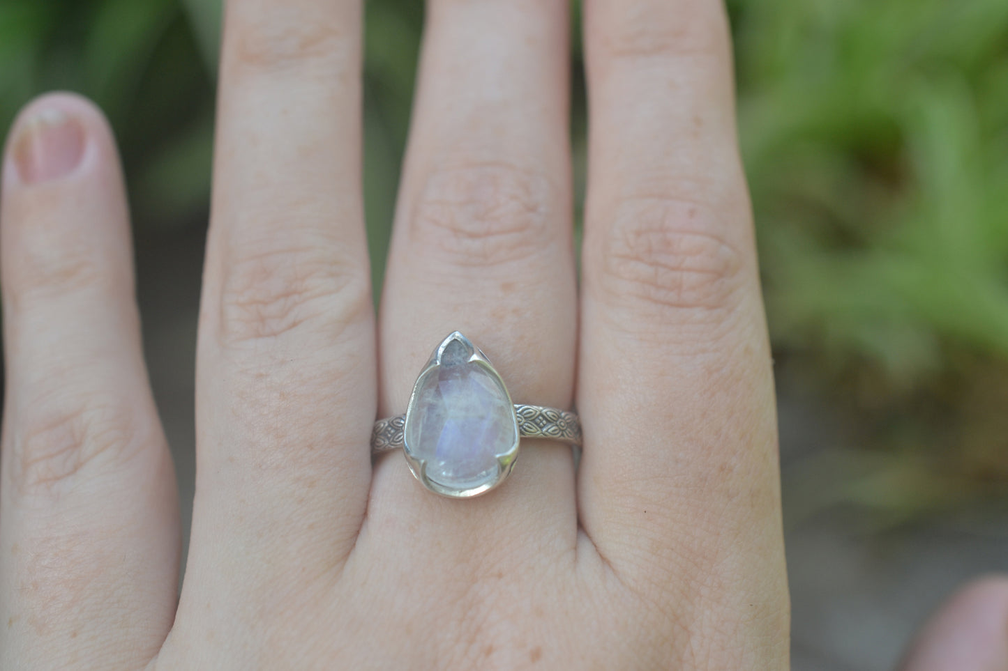 Pear Rainbow Moonstone Cocktail Ring in Silver