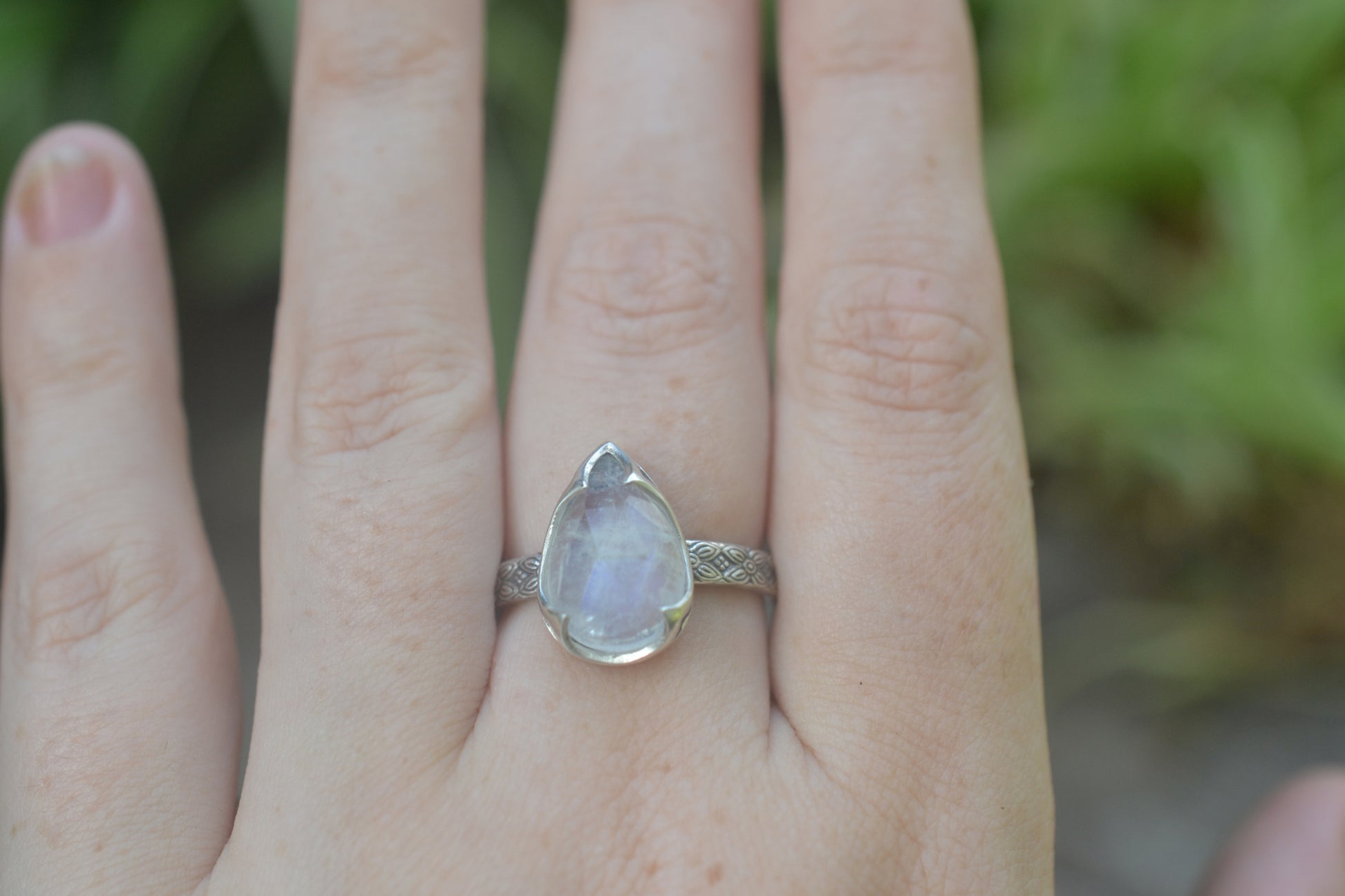 Pear Rainbow Moonstone Cocktail Ring in Silver