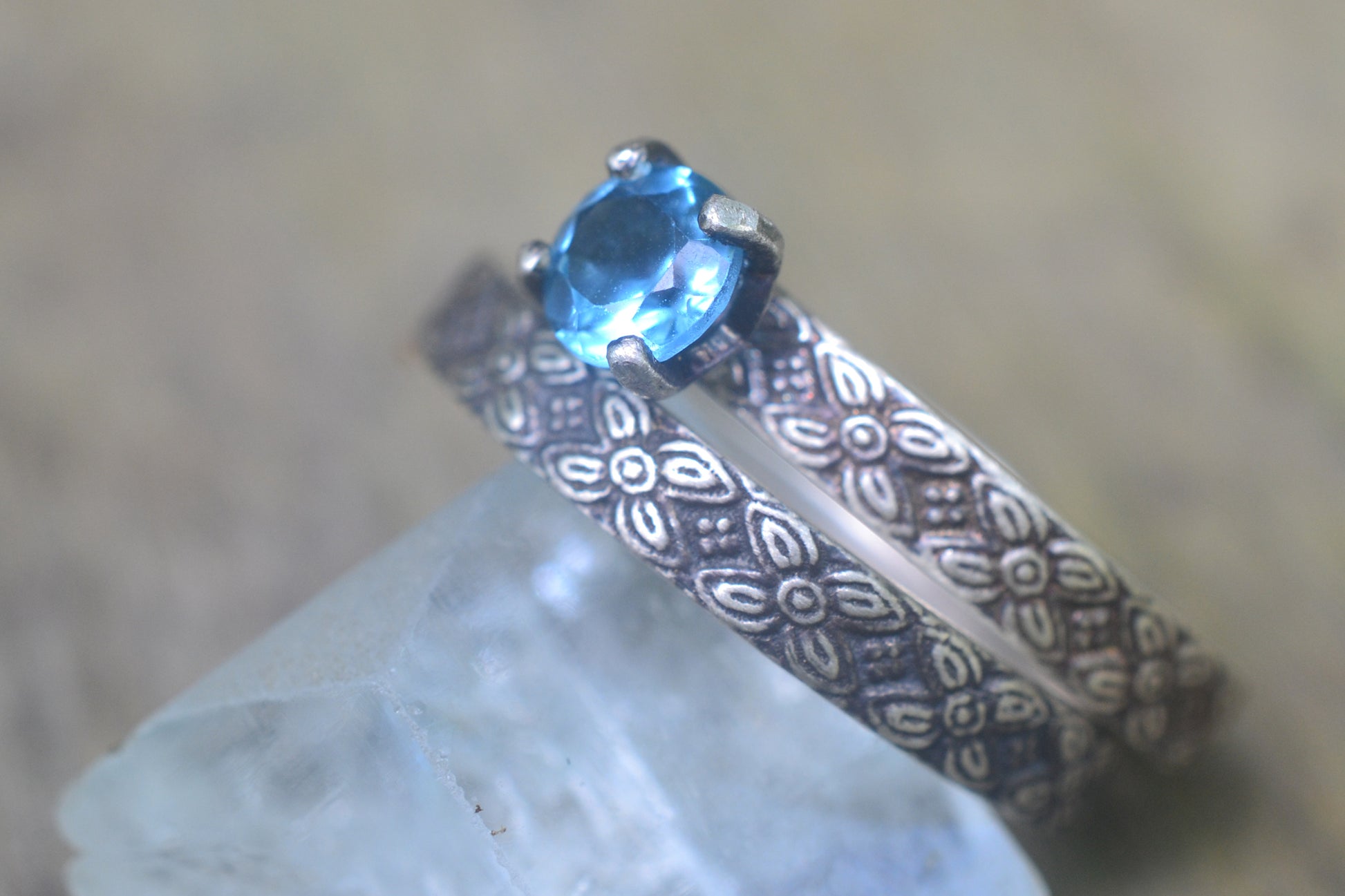 Swiss Blue Topaz Bridal Set in Floral Silver