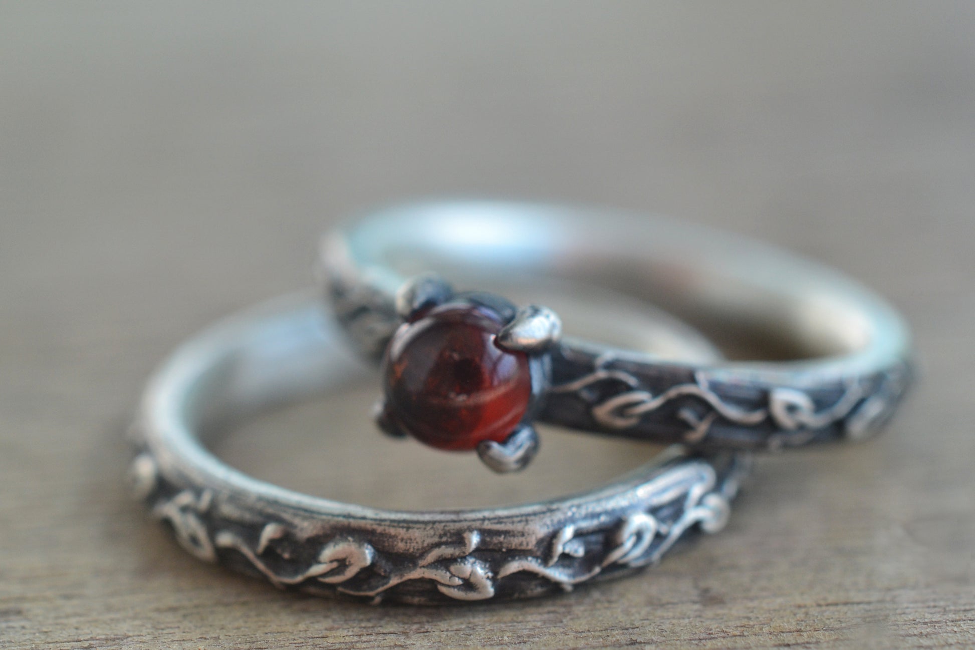 garnet bridal ring set in oxidised sterling silver