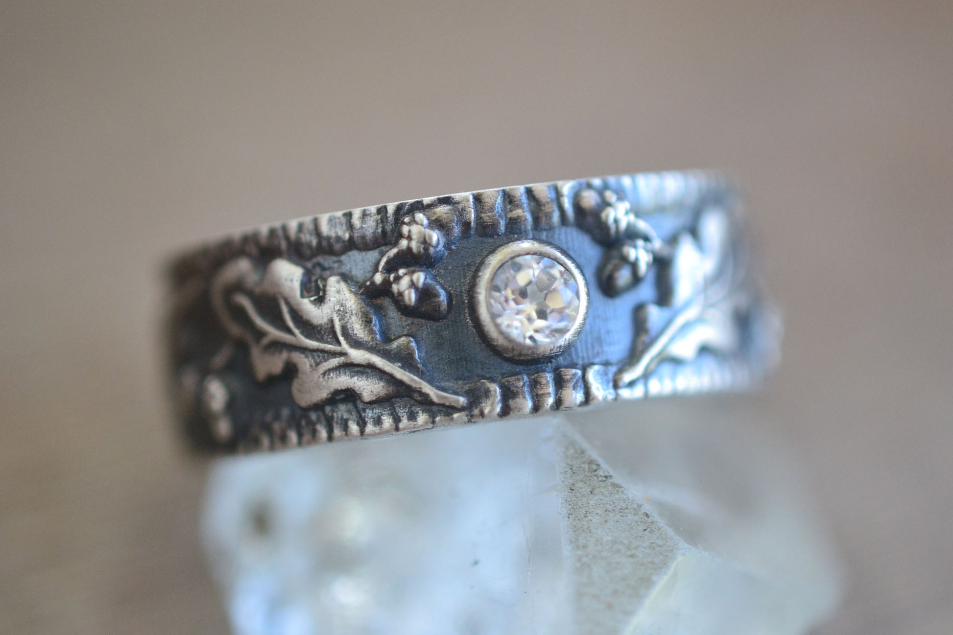 Oxidised Silver Oak & Acorn Wedding Band with 3mm White Zircon