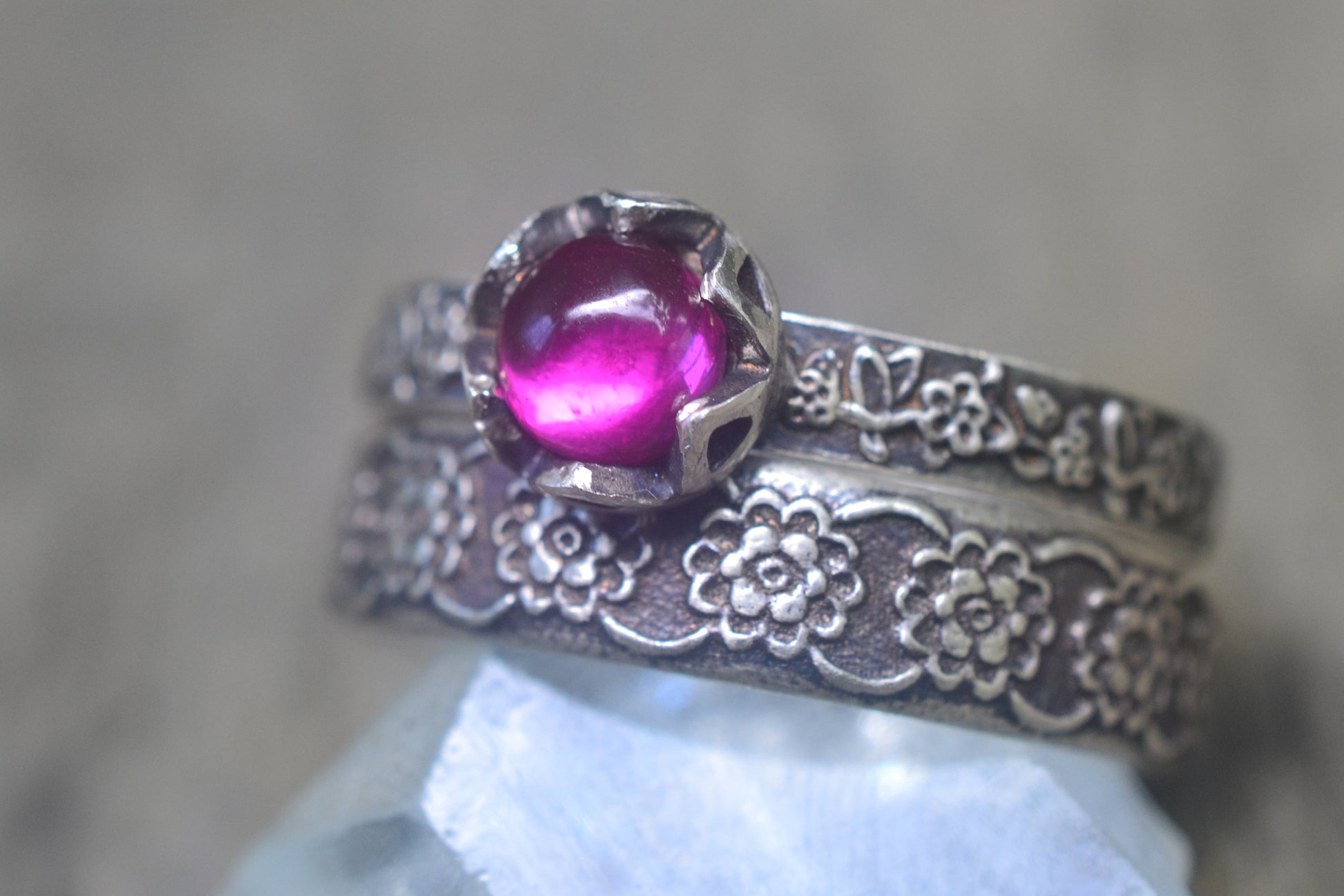 Oxidised Rose Flower Bridal Set With Ruby