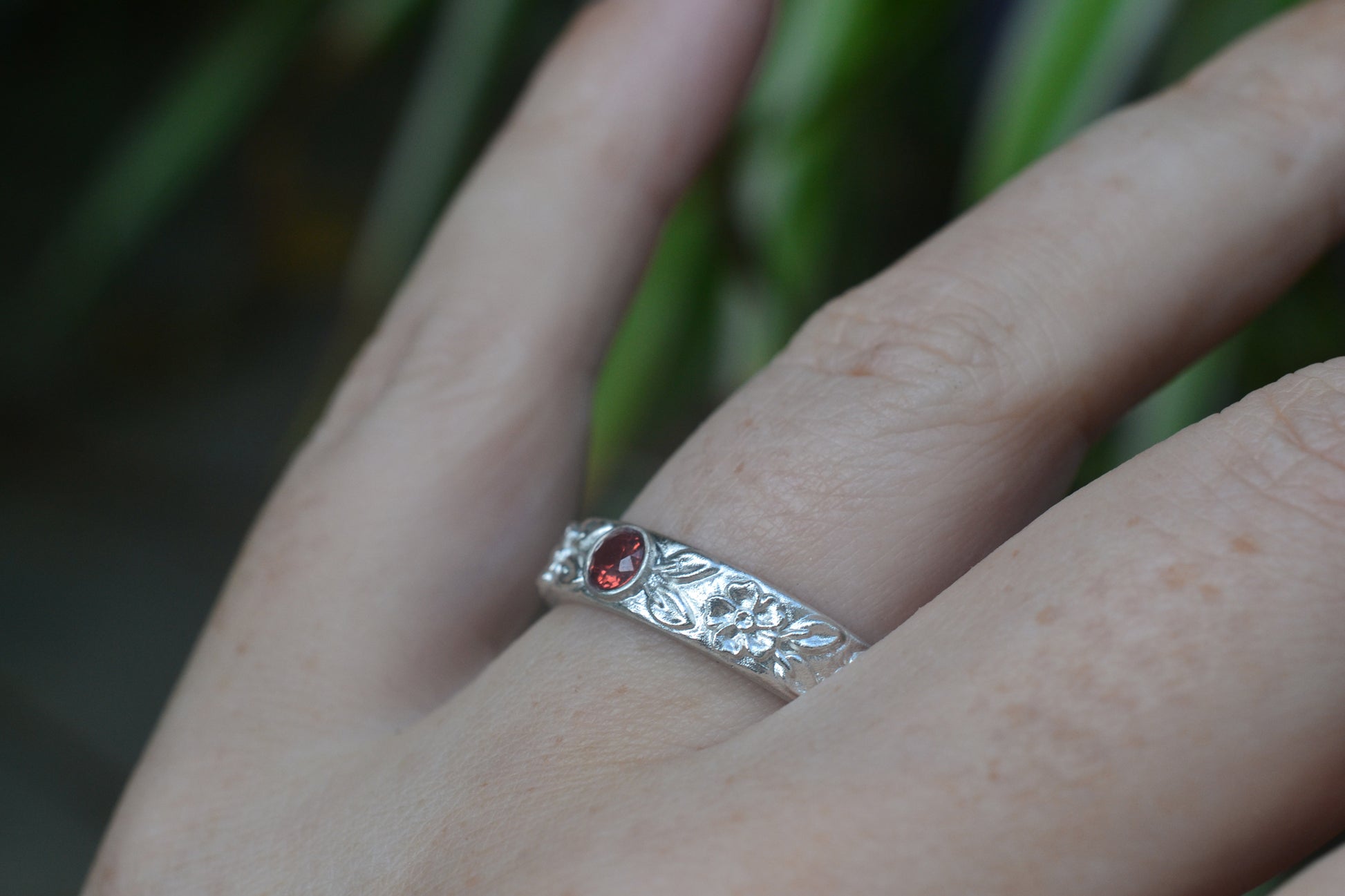 Mens Flower Wedding Band With Garnet Stone