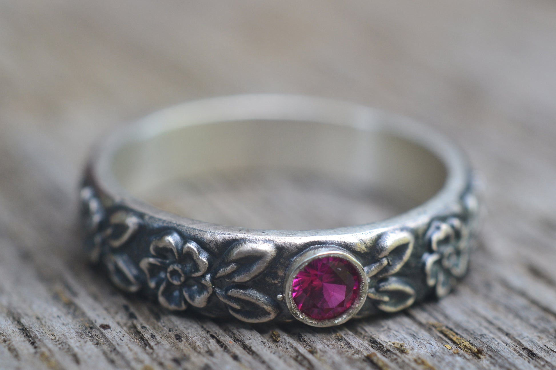 Gothic Rose Wedding Band With Ruby Gem