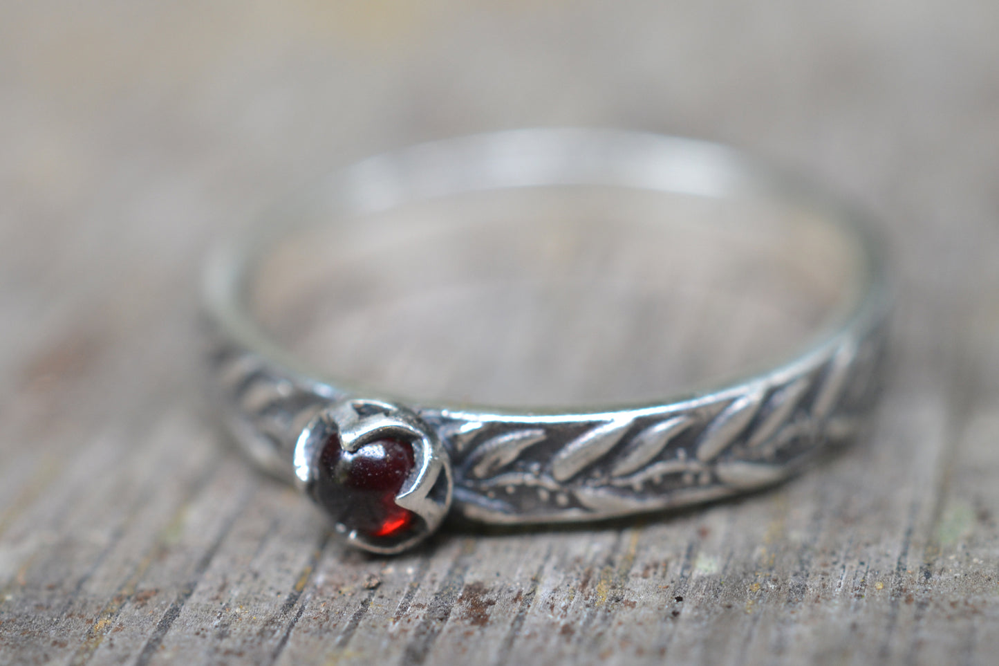 Silver Eucalyptus Leaf Band With Tiny Garnet