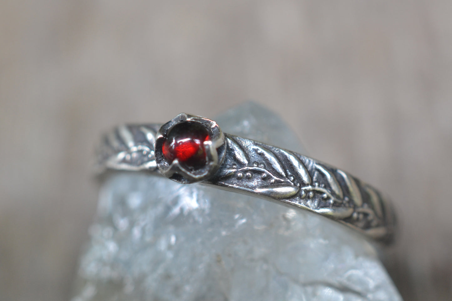 Oxidised Silver Gum Leaf Ring With Bezel Set 3mm Garnet