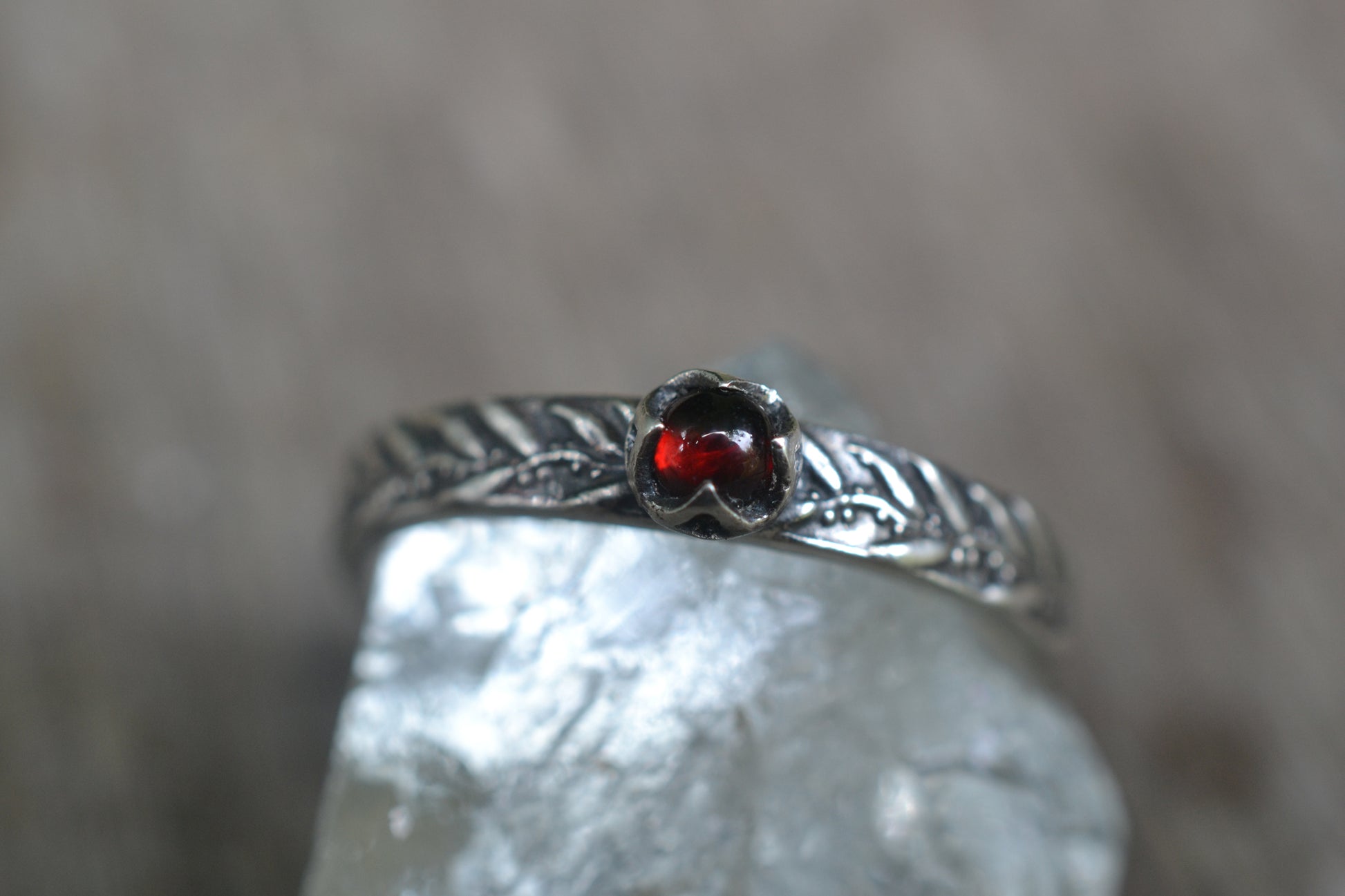 Oxidised Silver Eucalyptus Leaf Ring With Red Garnet