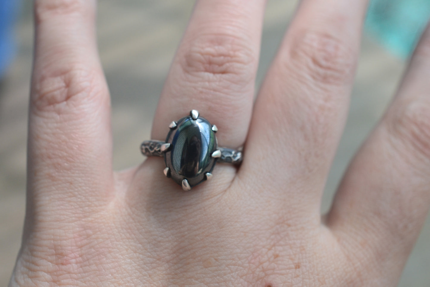 Oxidised Silver Ring With Large Haematite Stone