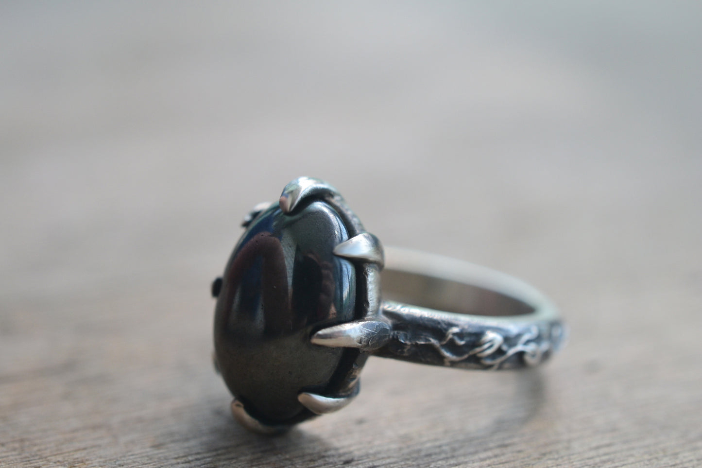 Gothic Silver Leaf Ring With Hematite Gemstone
