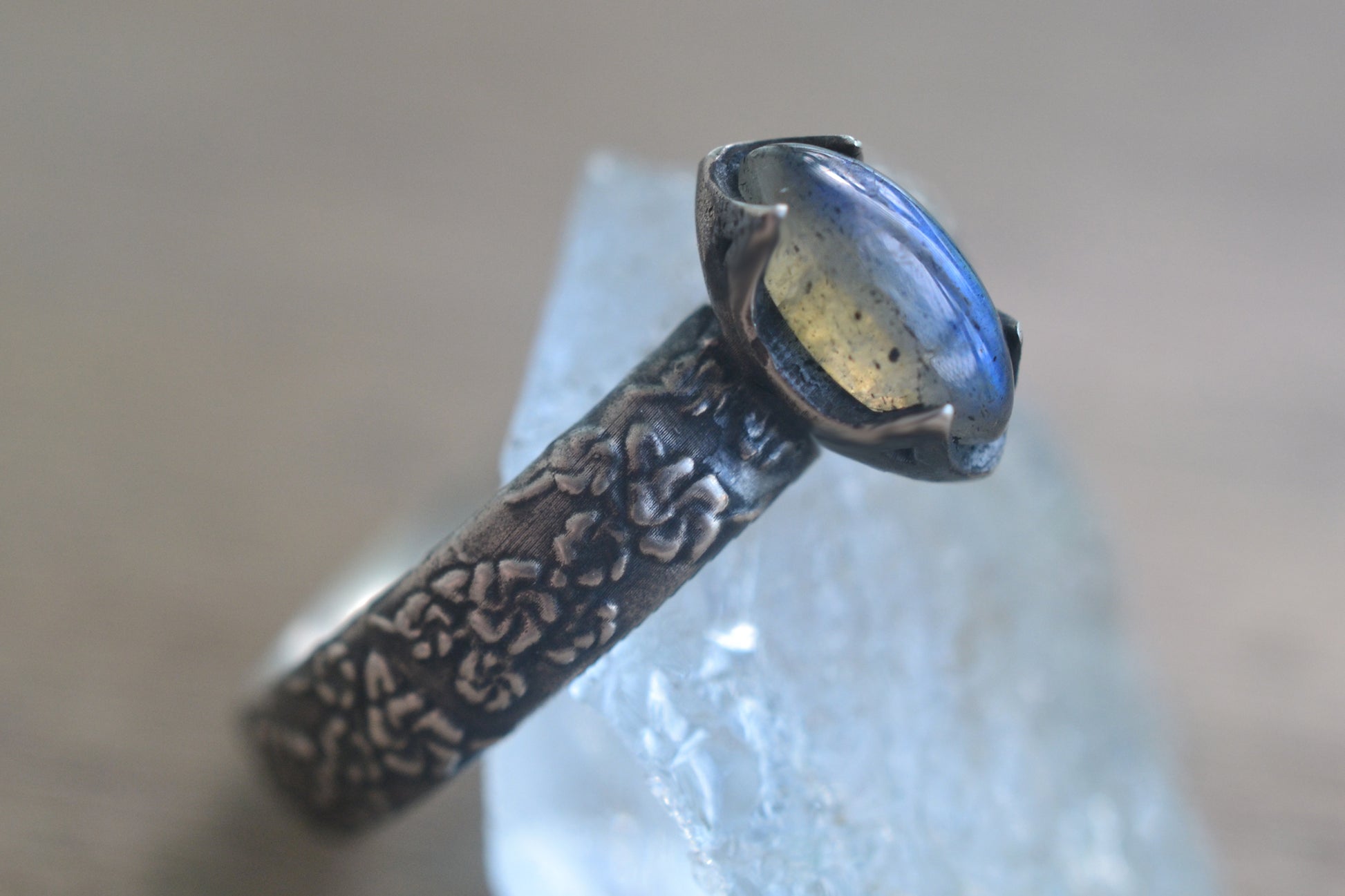 Oxidised Silver Blossom Ring With Labradorite