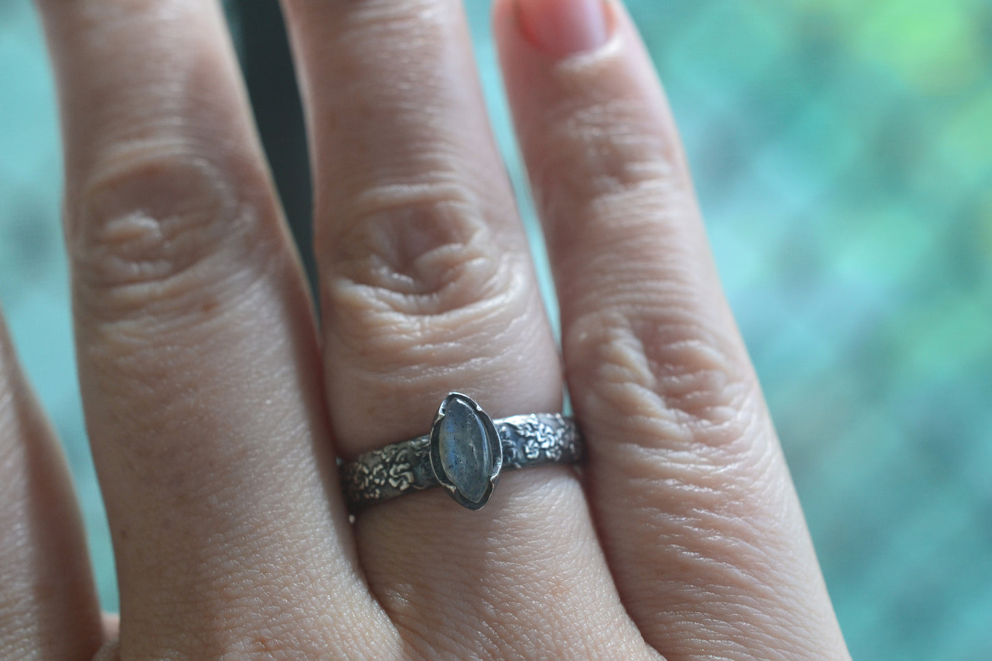 Bezel Set Labradorite Statement Ring in Cherry Blossom Silver