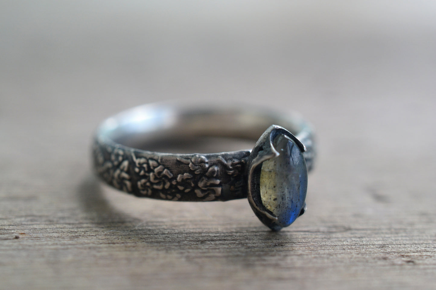 Blue Flash Labradorite Ring in Oxidised Sterling