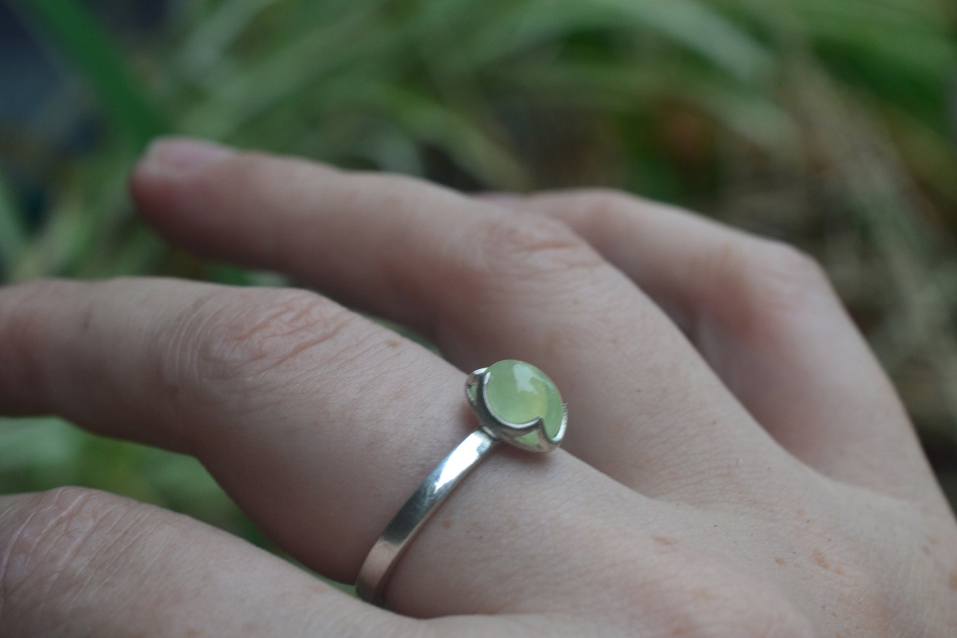 Oval Prehnite Crystal Ring in Sterling Silver Setting