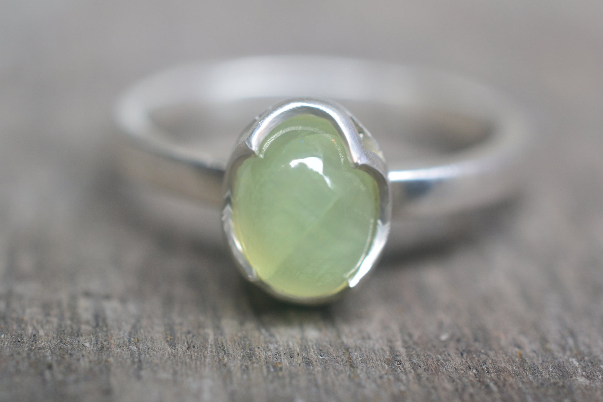 Natural Green Prehnite Gemstone Ring in Silver