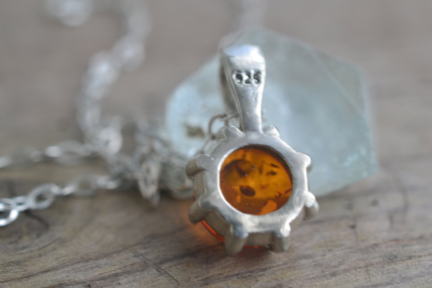 925 Silver Bezel Set Amber Necklace with Chain