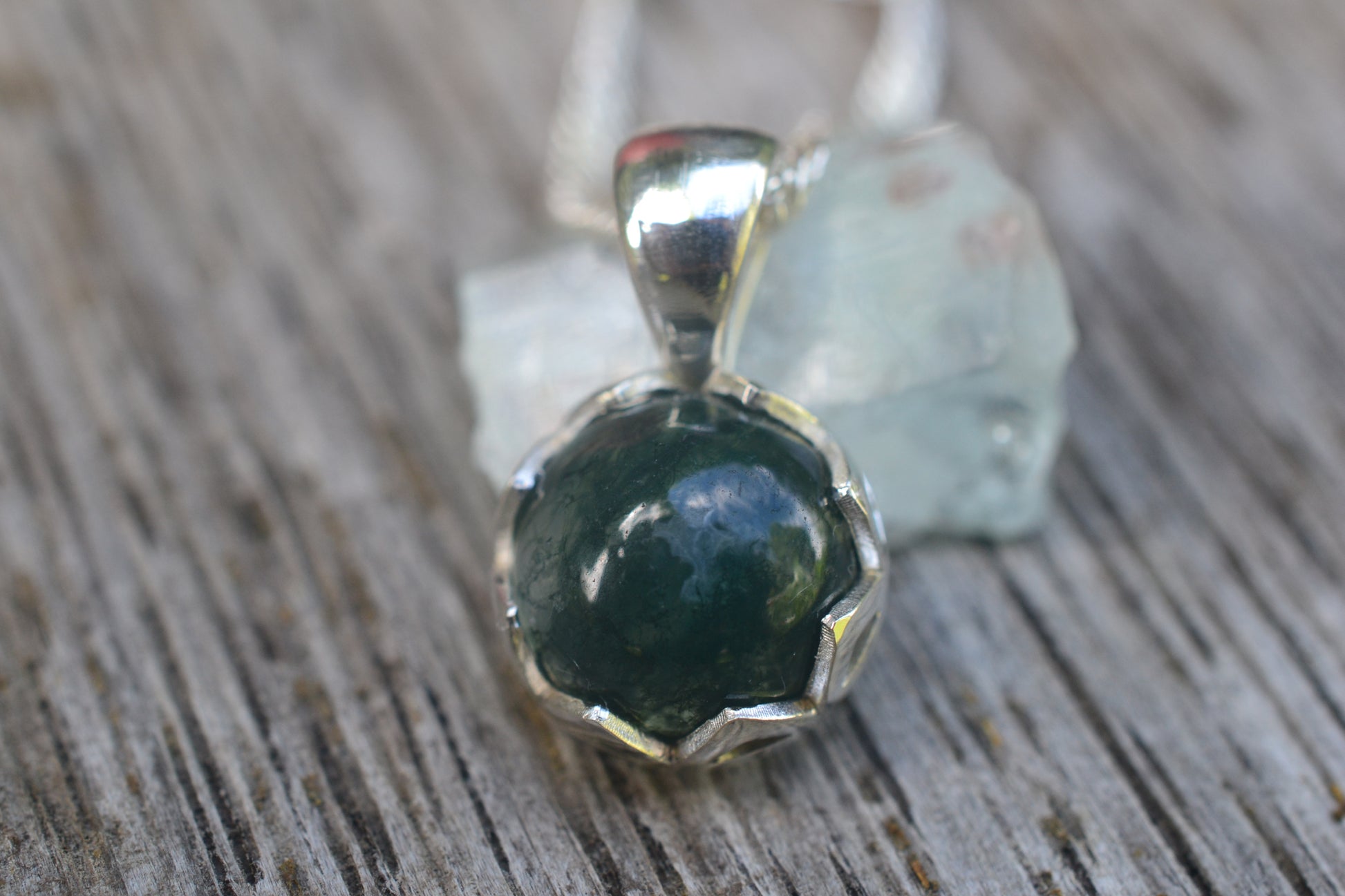 Natural Moss Agate Crystal Necklace in Silver