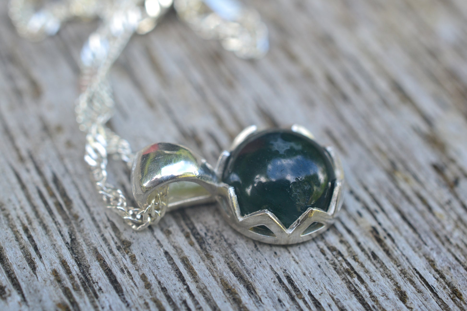 Bezel Set Moss Agate Necklace With Silver Chain