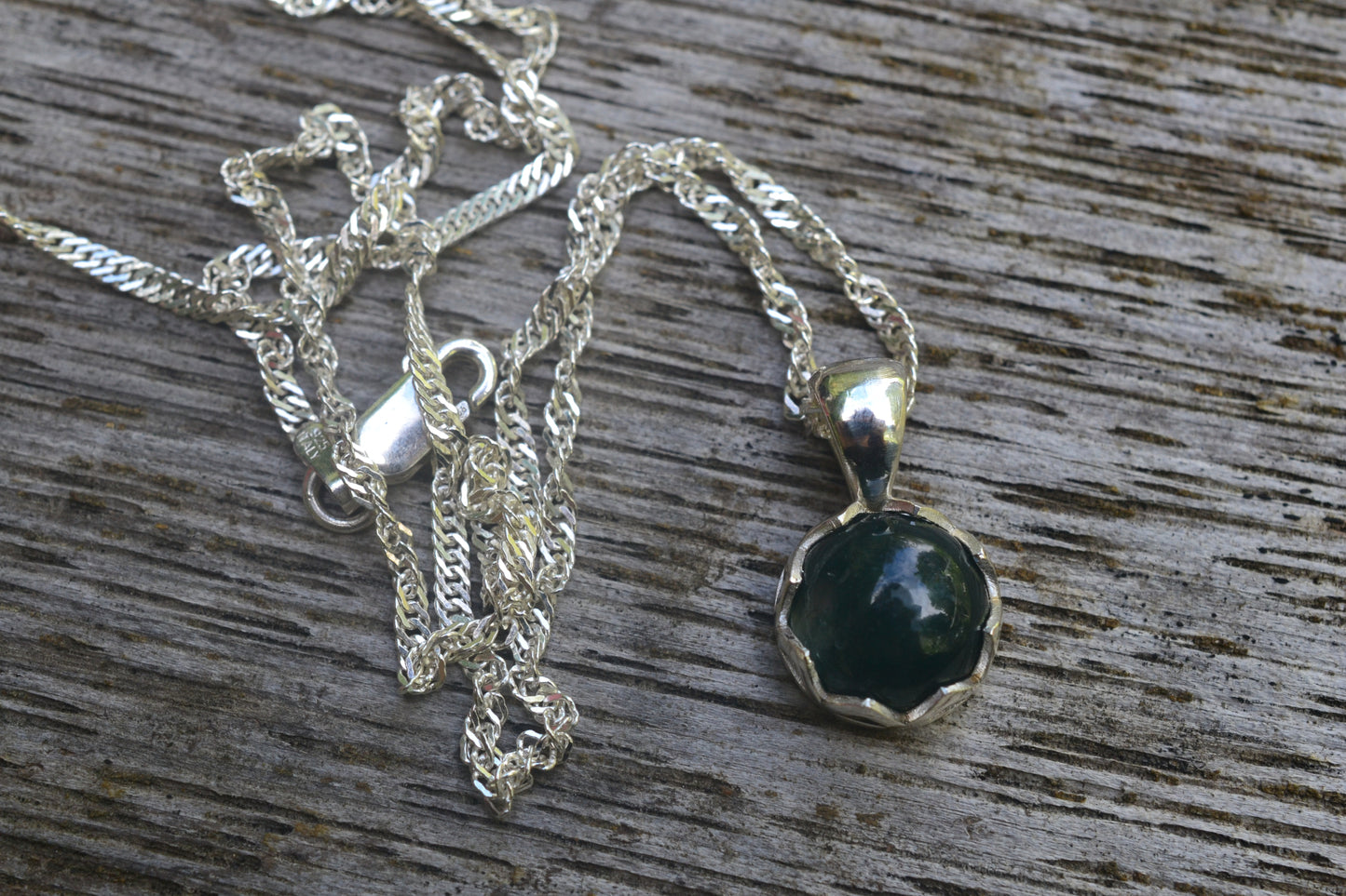 10mm Moss Agate Necklace With Sterling Chain