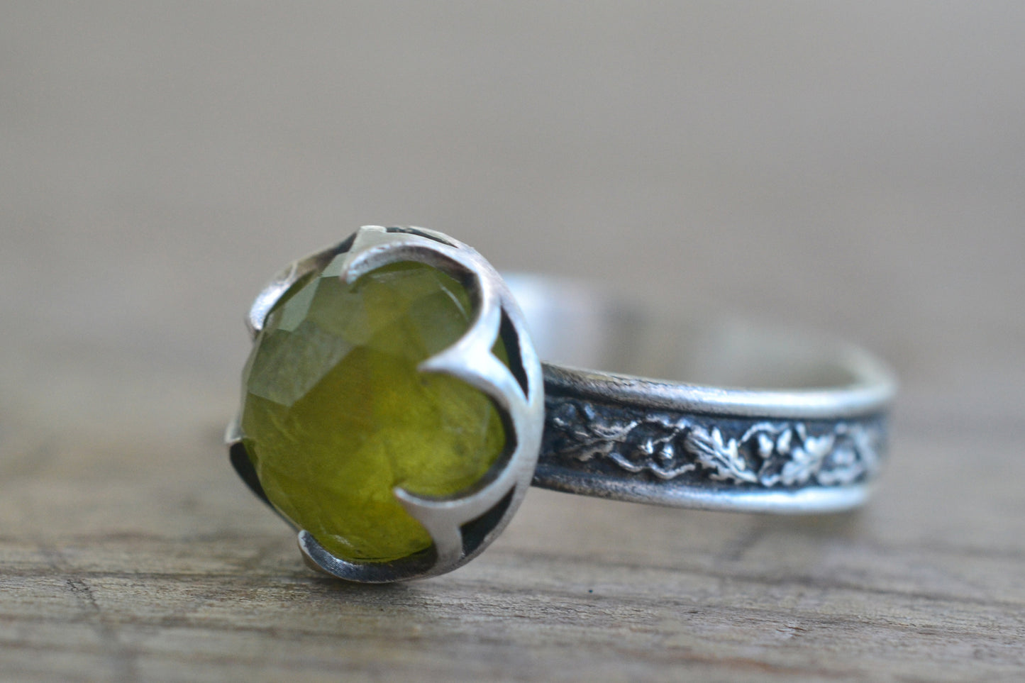 Earthy Peridot Engagement Ring With Oak Leaves