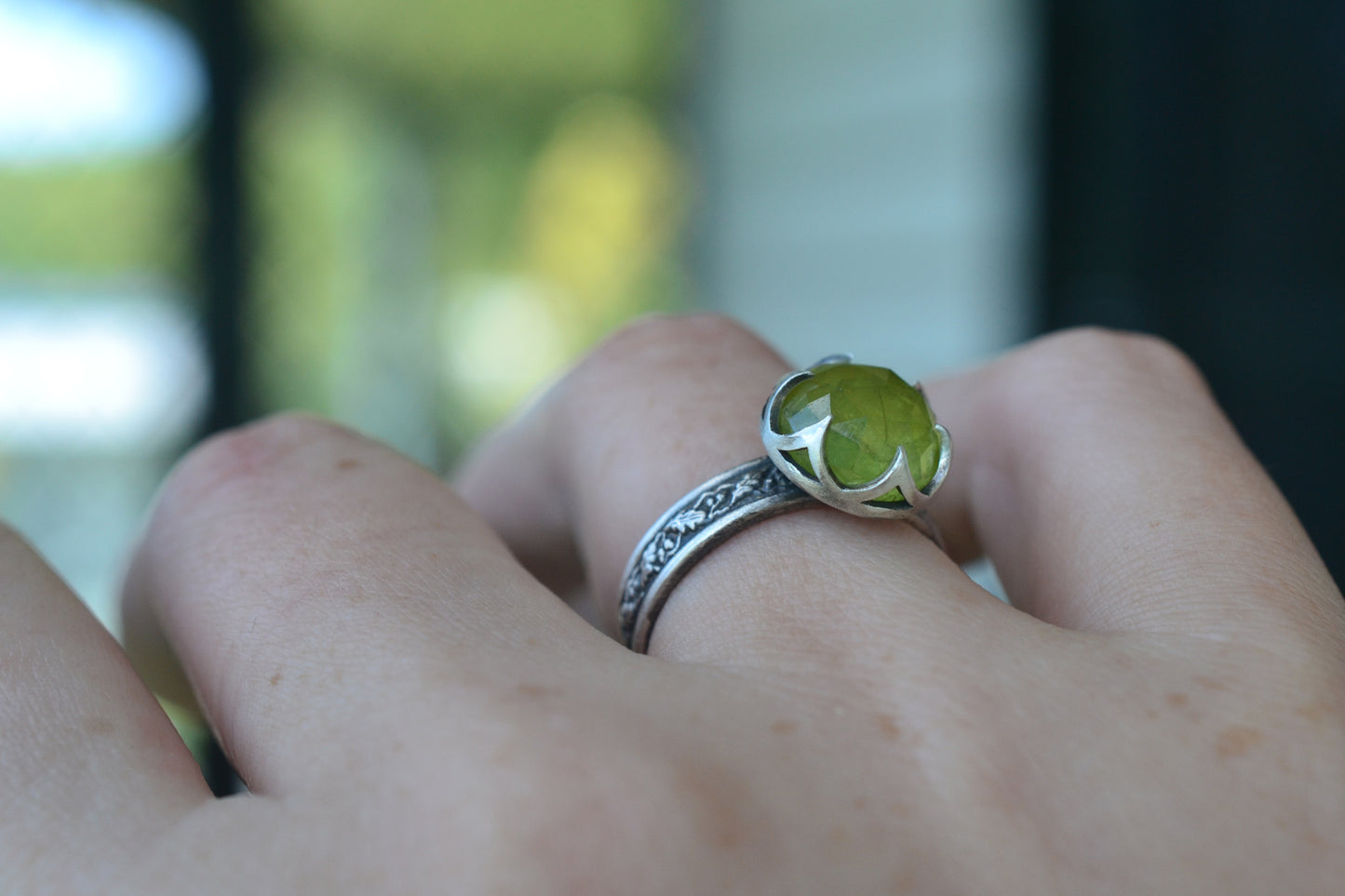 Oxidised Silver Oak Acorn & Peridot Statement Ring