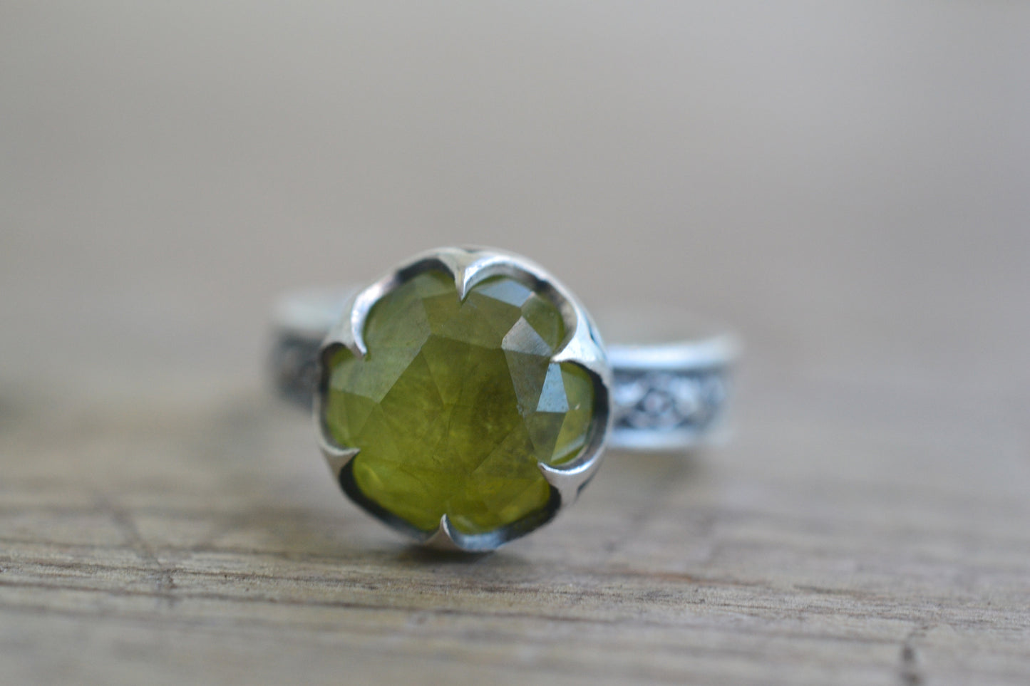 Rose Cut Peridot Bezel Ring With Oak & Acorn Band