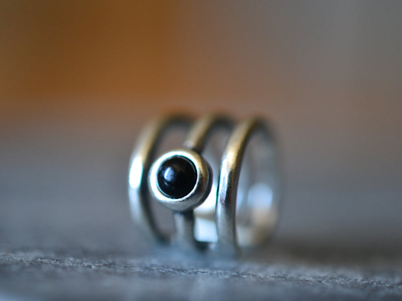 Three Band Ear Cuff in Sterling Silver With Black Onyx Cabochon