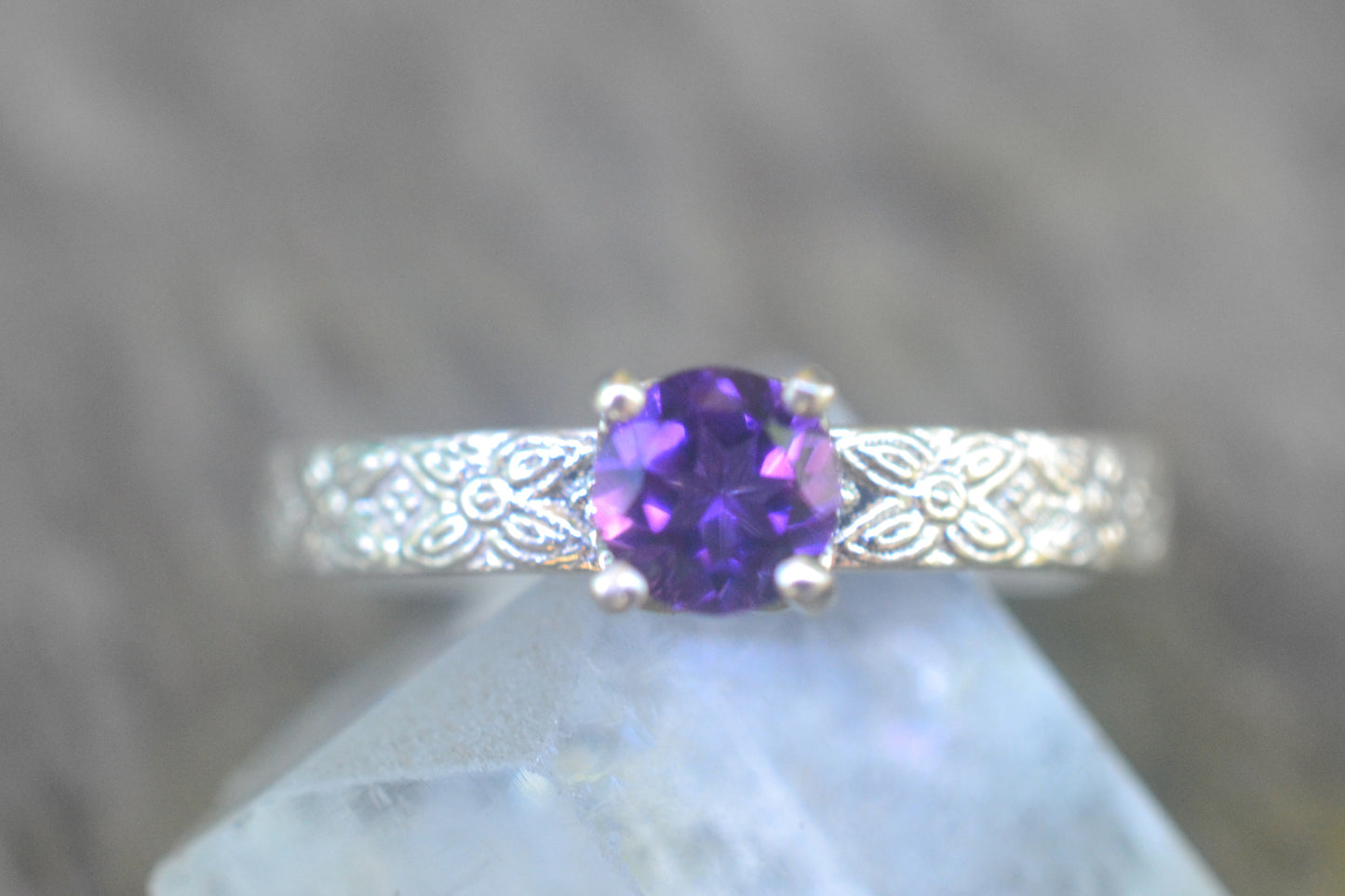 Stylised Flower Ring With Natural Amethyst