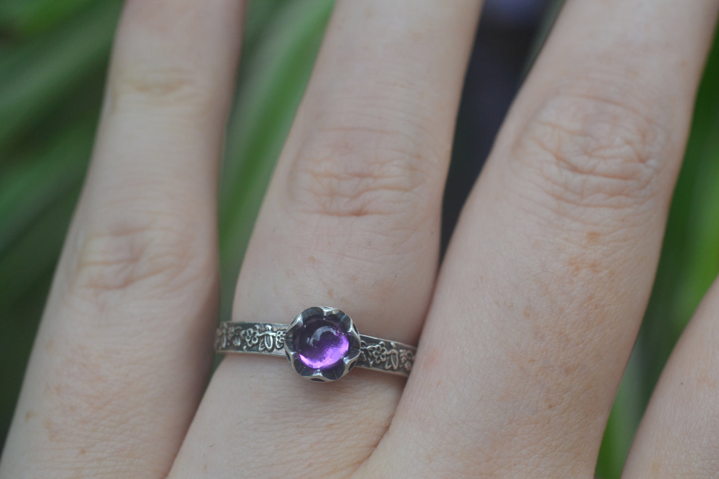 Bezel Set Amethyst Ring With Rose Leaf Design