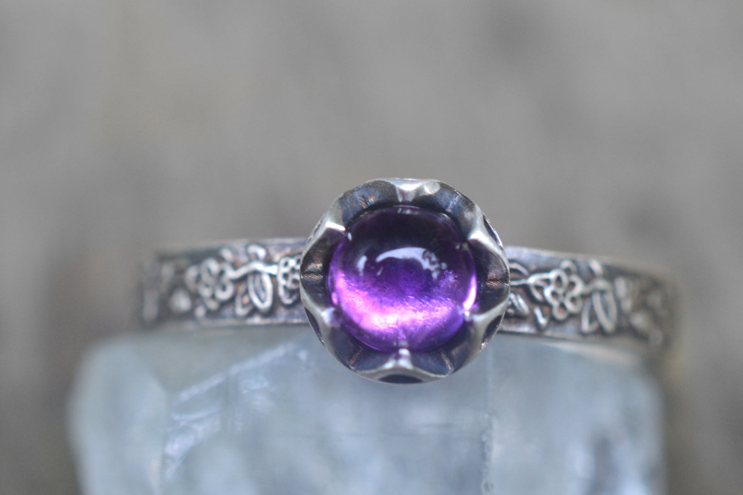 Silver Rose Leaf Ring With Natural Amethyst