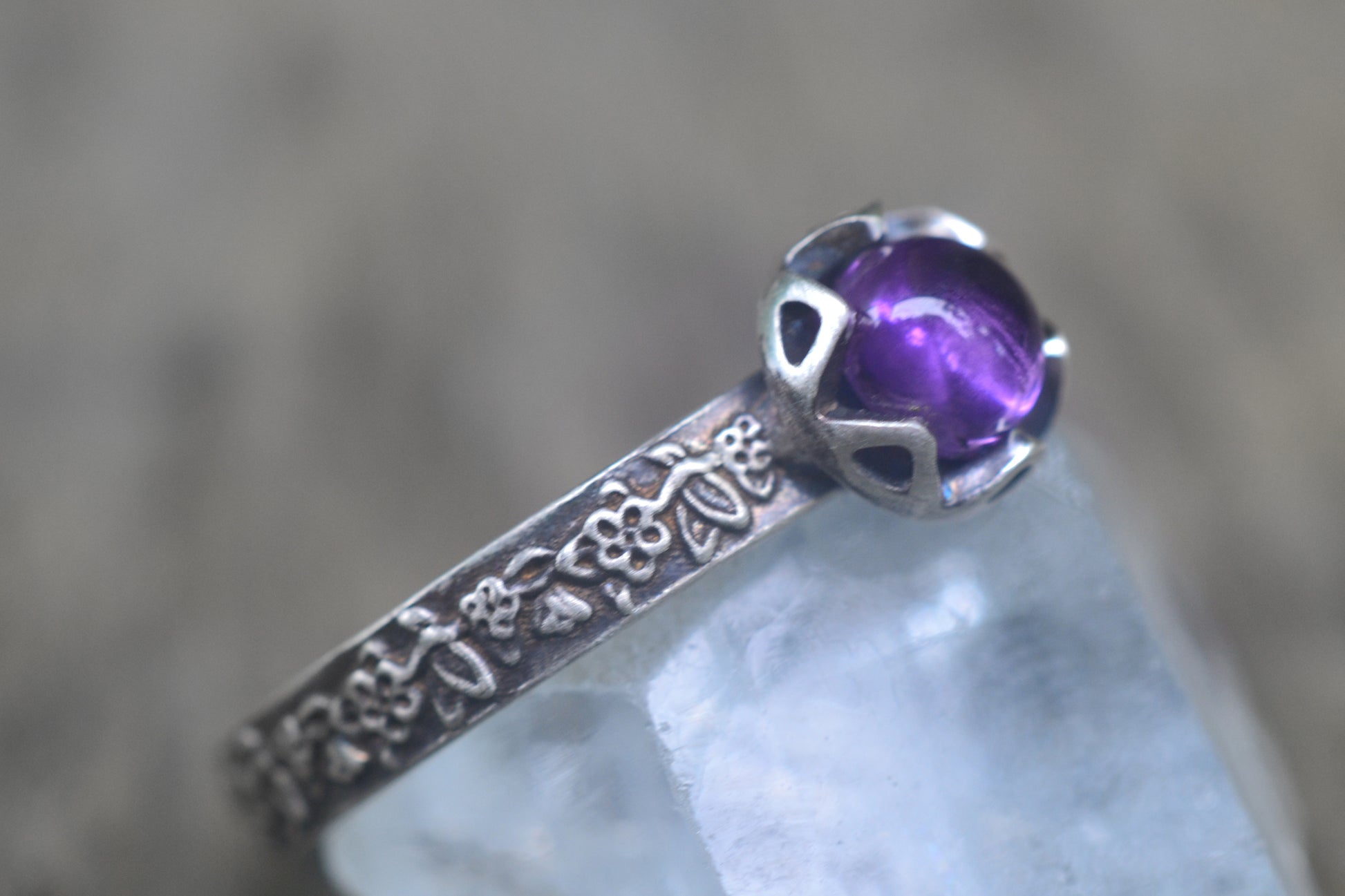Oxidised Silver Rosebush Stacking Ring With Amethyst