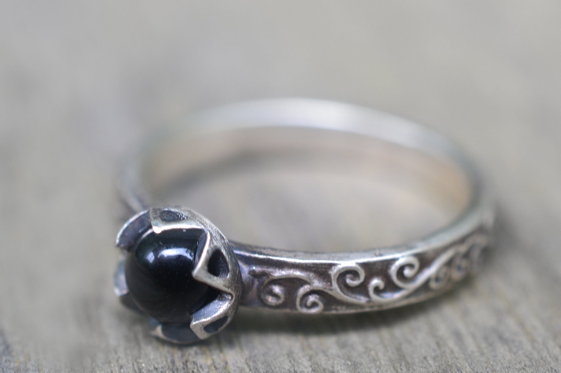 Gothic Black Onyx Promise Ring in Oxidised SIlver