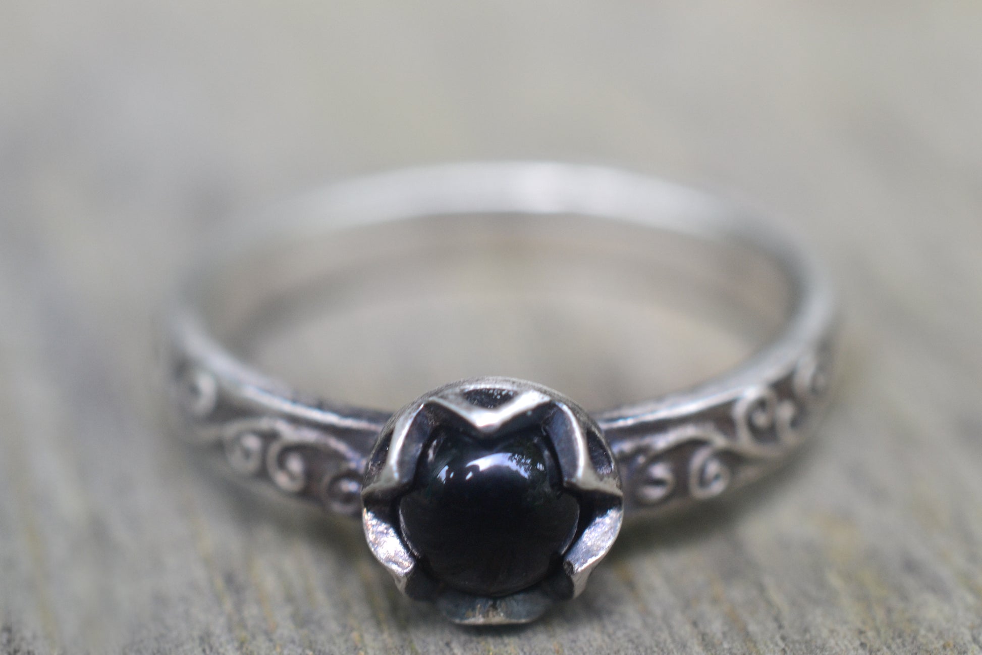 Oxidised Silver Swirl Ring With Black Stone