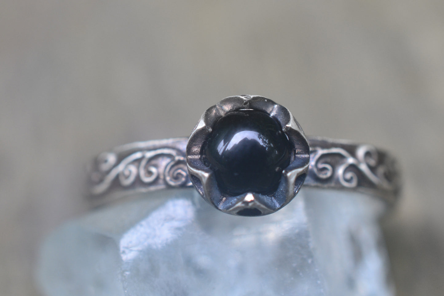 Natural Black Onyx Gemstone Ring In Silver