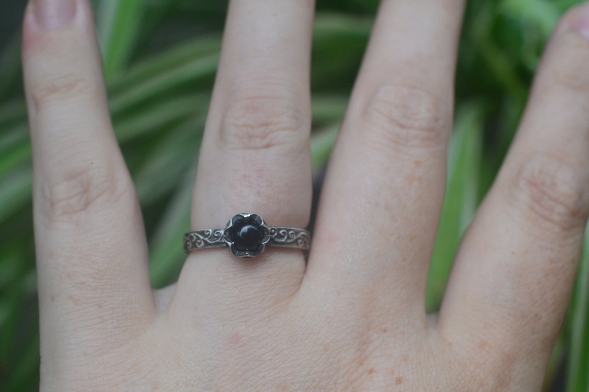 Gothic Silver Swirl Ring With Black Onyx Stone