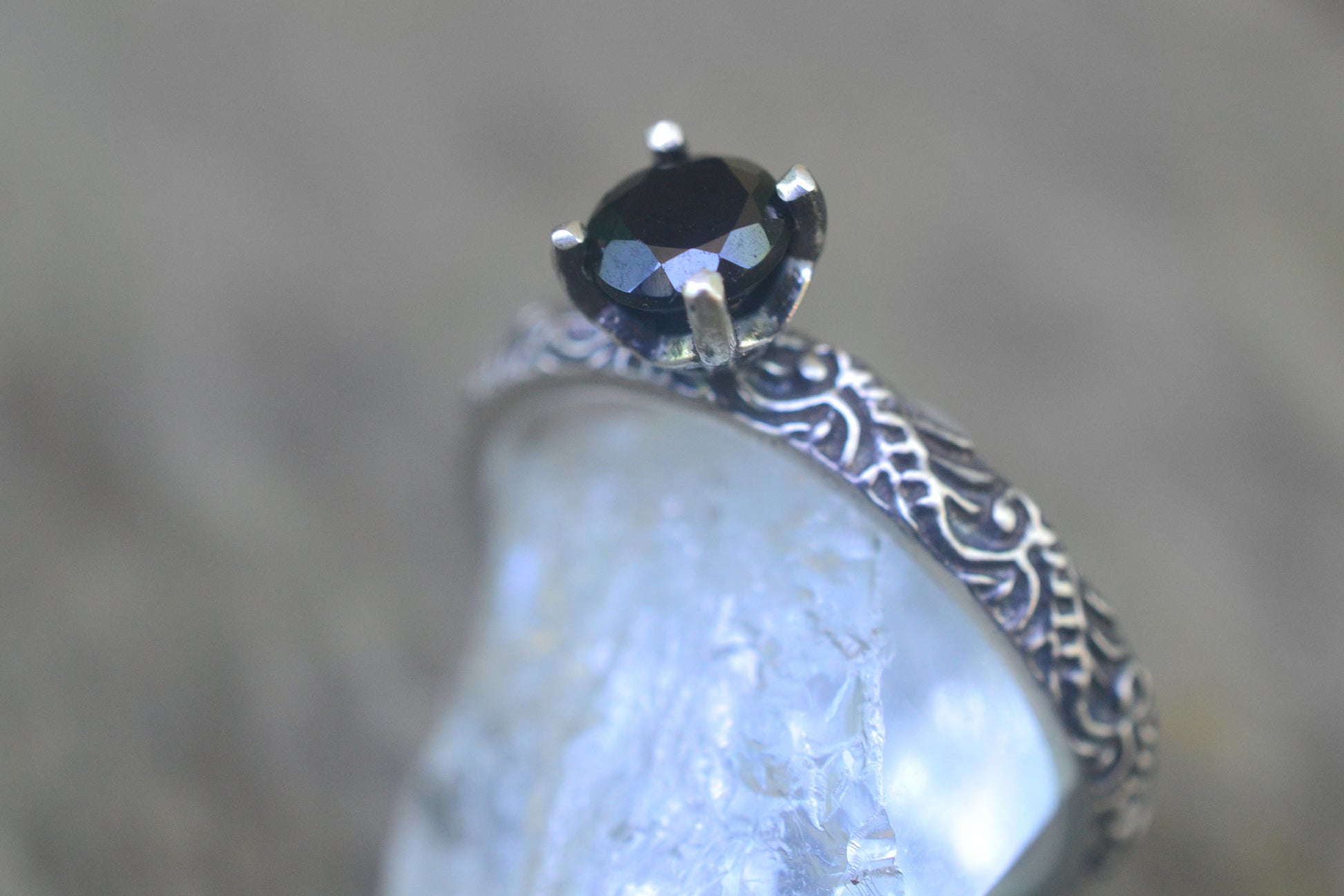 Baroque Style Black Spinel Engagement Ring