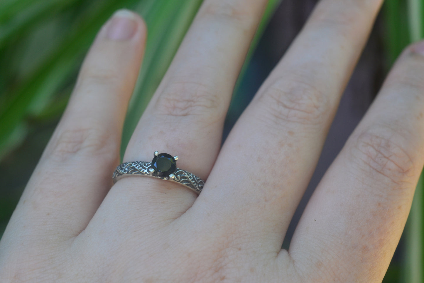 Faceted Black Spinel Ring in Oxidised Silver