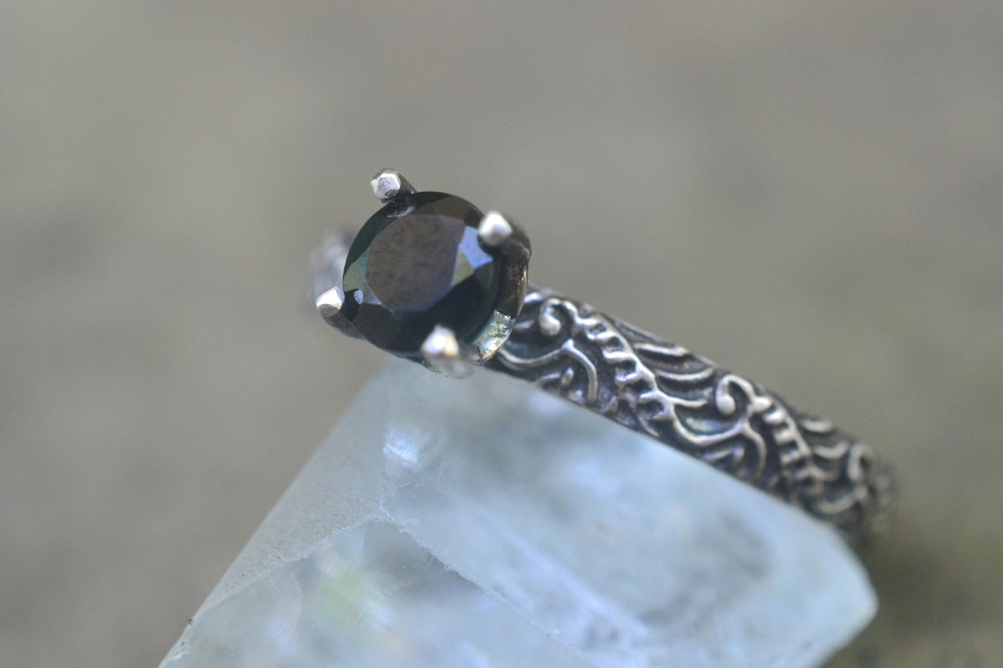 Natural Black Crystal Ring in Baroque Style Silver
